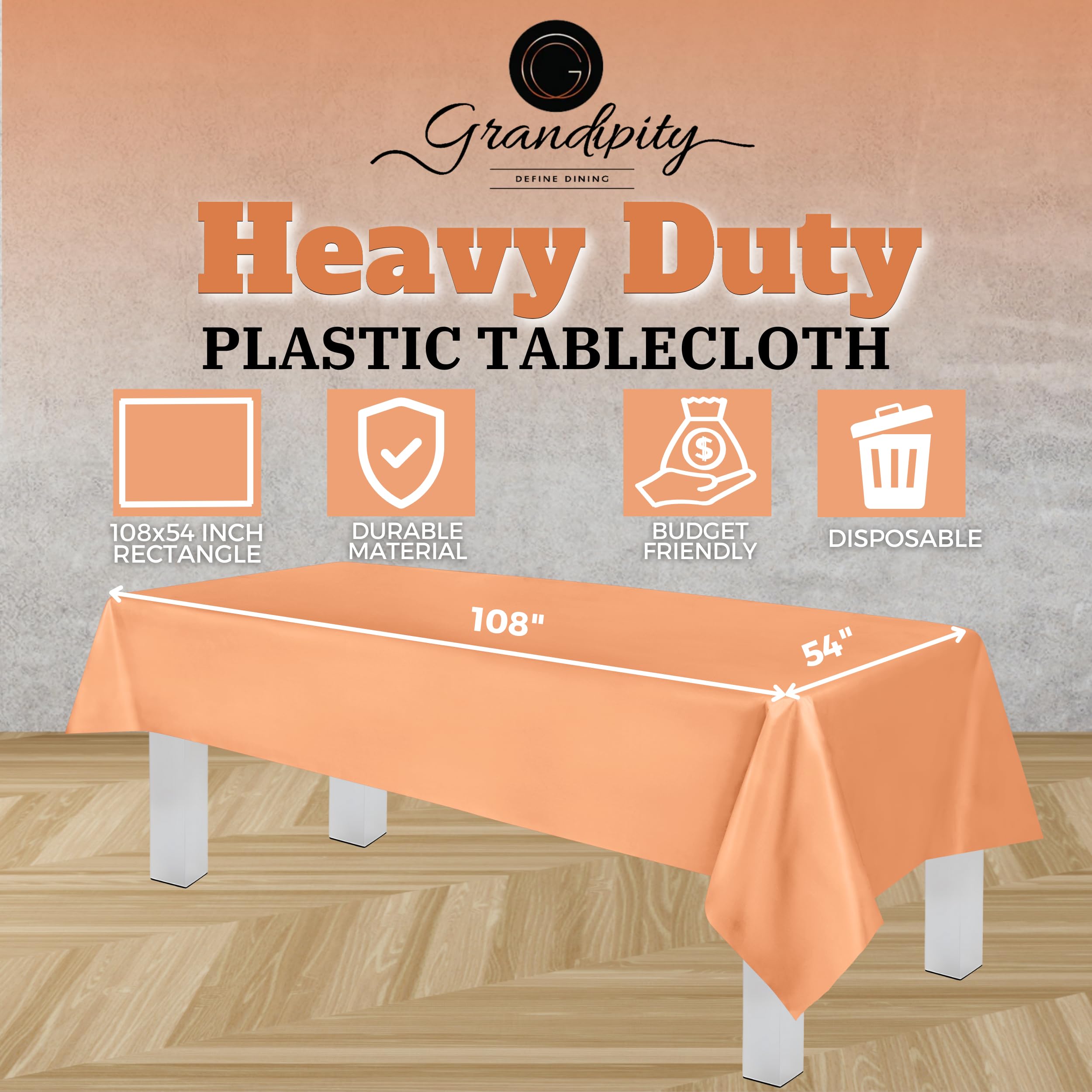 Grandipity Peach Plastic Table Cloth Disposable (6 Pk) 54In X 108In Plastic Tablecloths For Rectangle Tables - Premium Party Tab