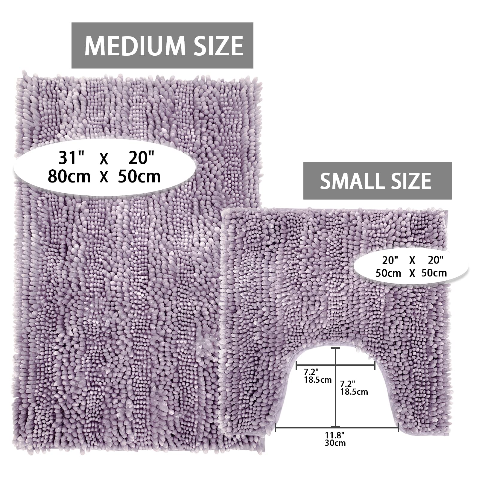 Civkor Bathroom Rugs Set 2 Pieces U Shaped Set Light Purple  Butter Chenille Contour Bath Mats Rugs with Non Slip Backing  Shiny Noodle Super Water Absorbent Machine Washable 31x20+20x20 Inch