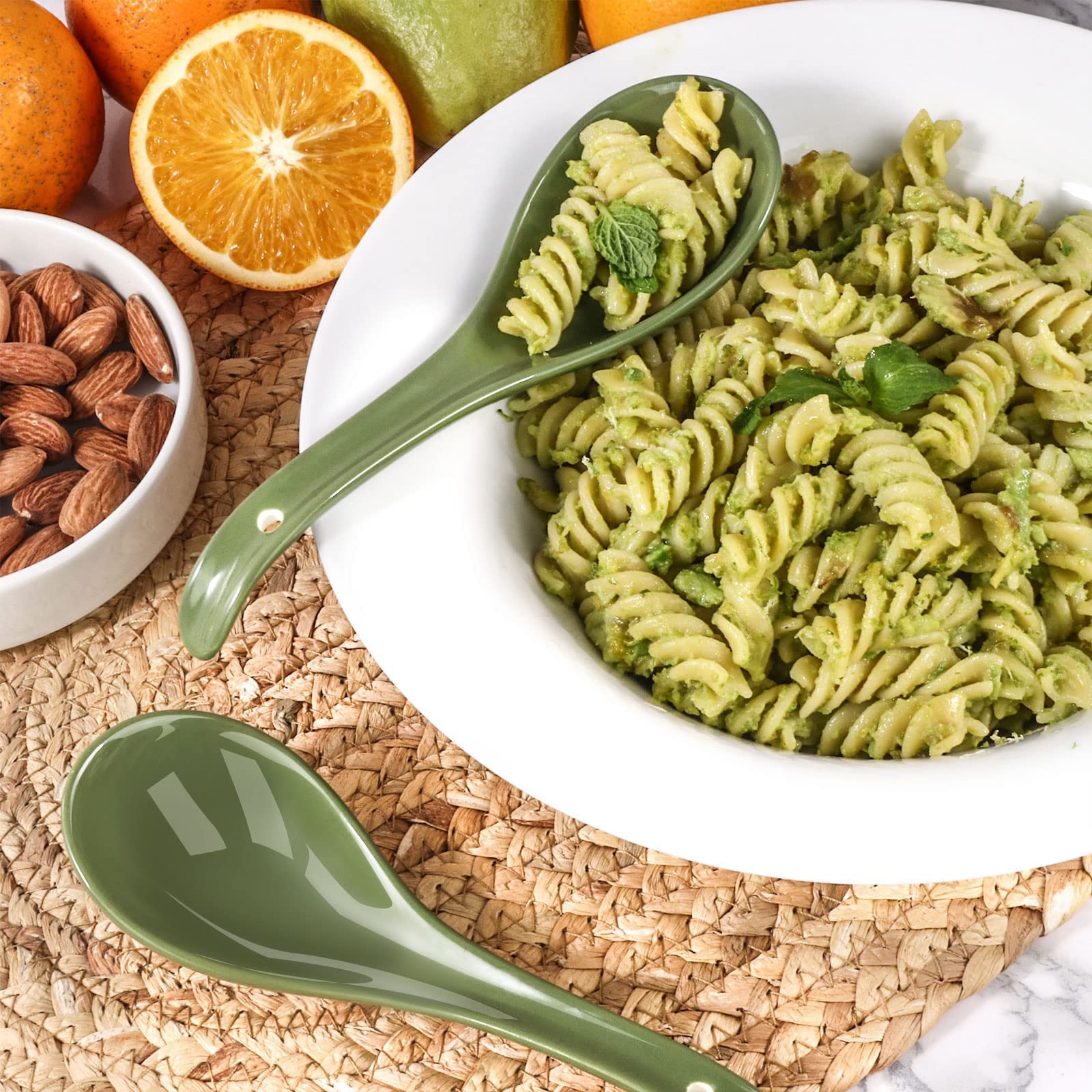 Wareland Asian Soup Spoon Set Of 6, 6.75 Inch Ultra-Fine Ceramic Chinese Soup Spoons, Green Japanese Soup Spoon For Cereal Stews