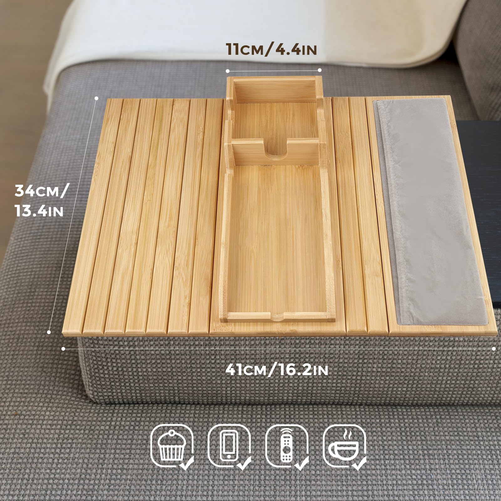 Giifer Couch Cup Holder Tray,4 In 1 Couch Arm Table With Side Storage Pocket,Couch Arm Tray Anti-Slip, Bamboo Couch Table For Dr