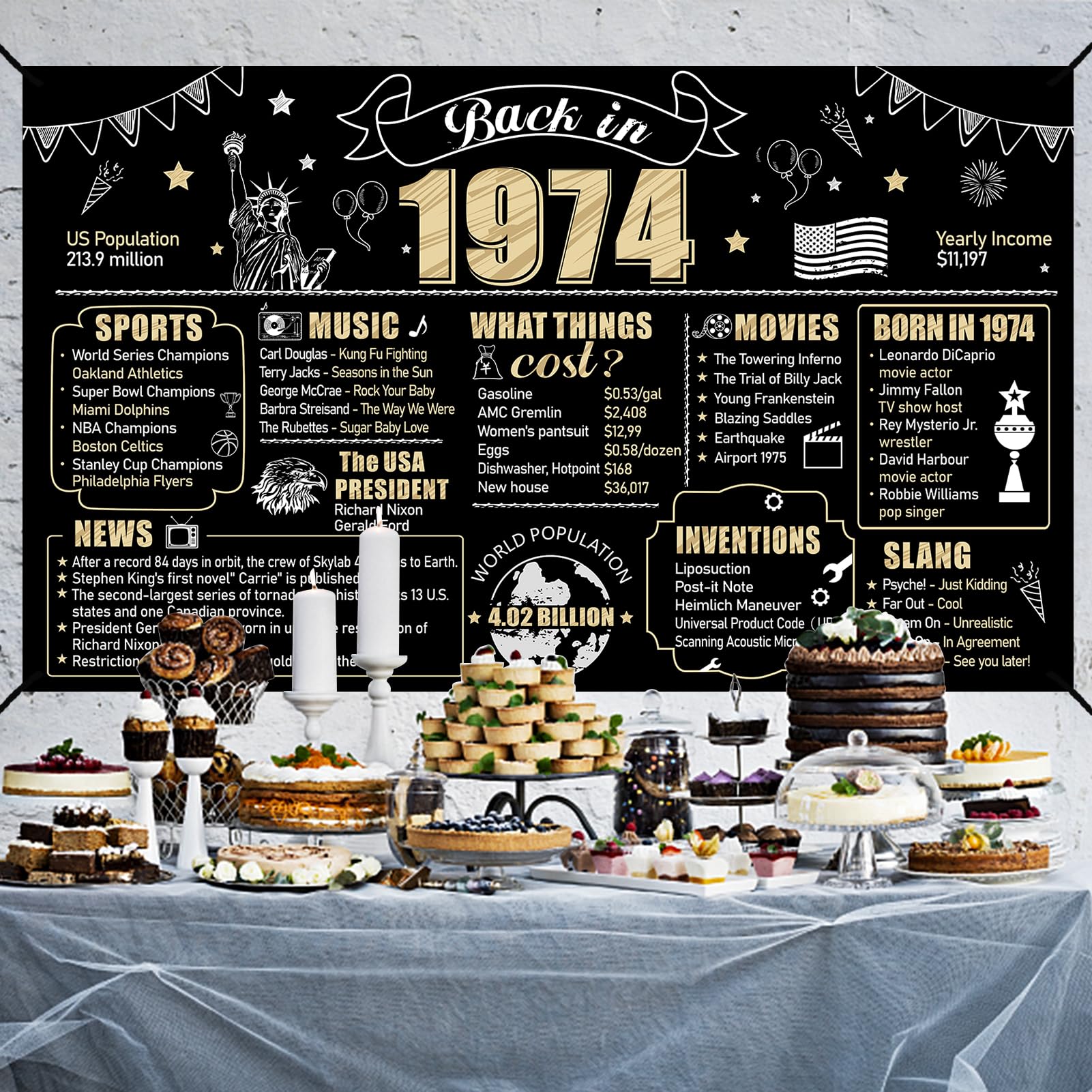 Eiurteao Large 50Th Birthday Banner Backdrop Decorations For Men Women, Black Gold Back In 1974 50 Birthday Sign Party Supplies,