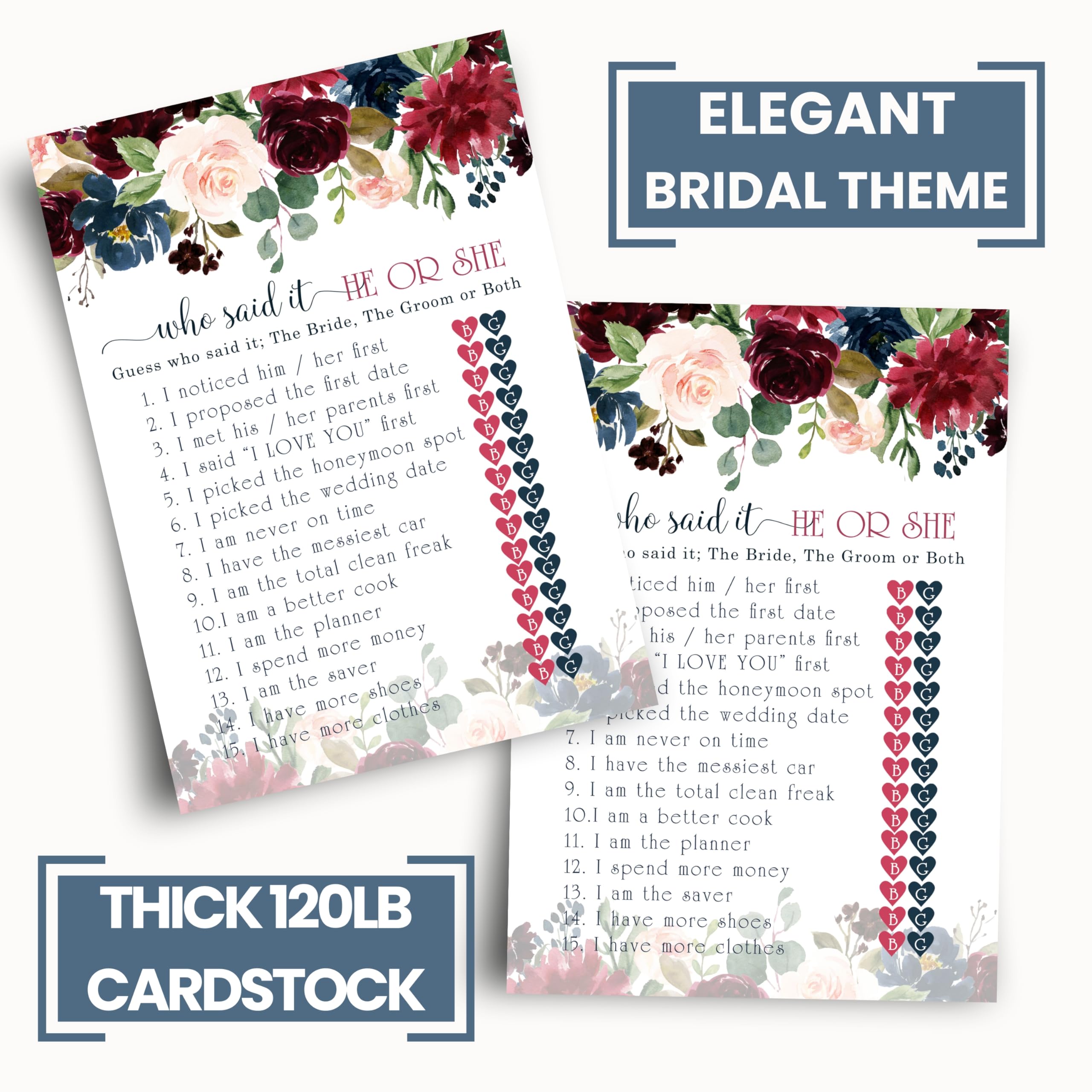 Blue Floral Bridal Shower Games - 25 Cards - He Said She Said - What Did The Bride And Groom Say Guess Who Wedding Activities -