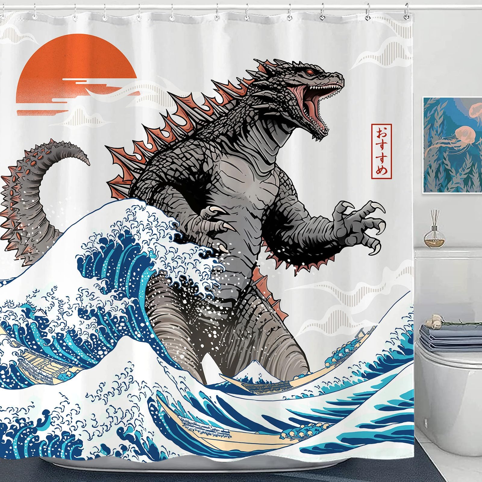 Wegklazax Dinosaur Shower Curtain Monster Funny Shower Curtain Japanese Ocean Wave Shower Curtain Bathroom Curtain Decor Set Wit
