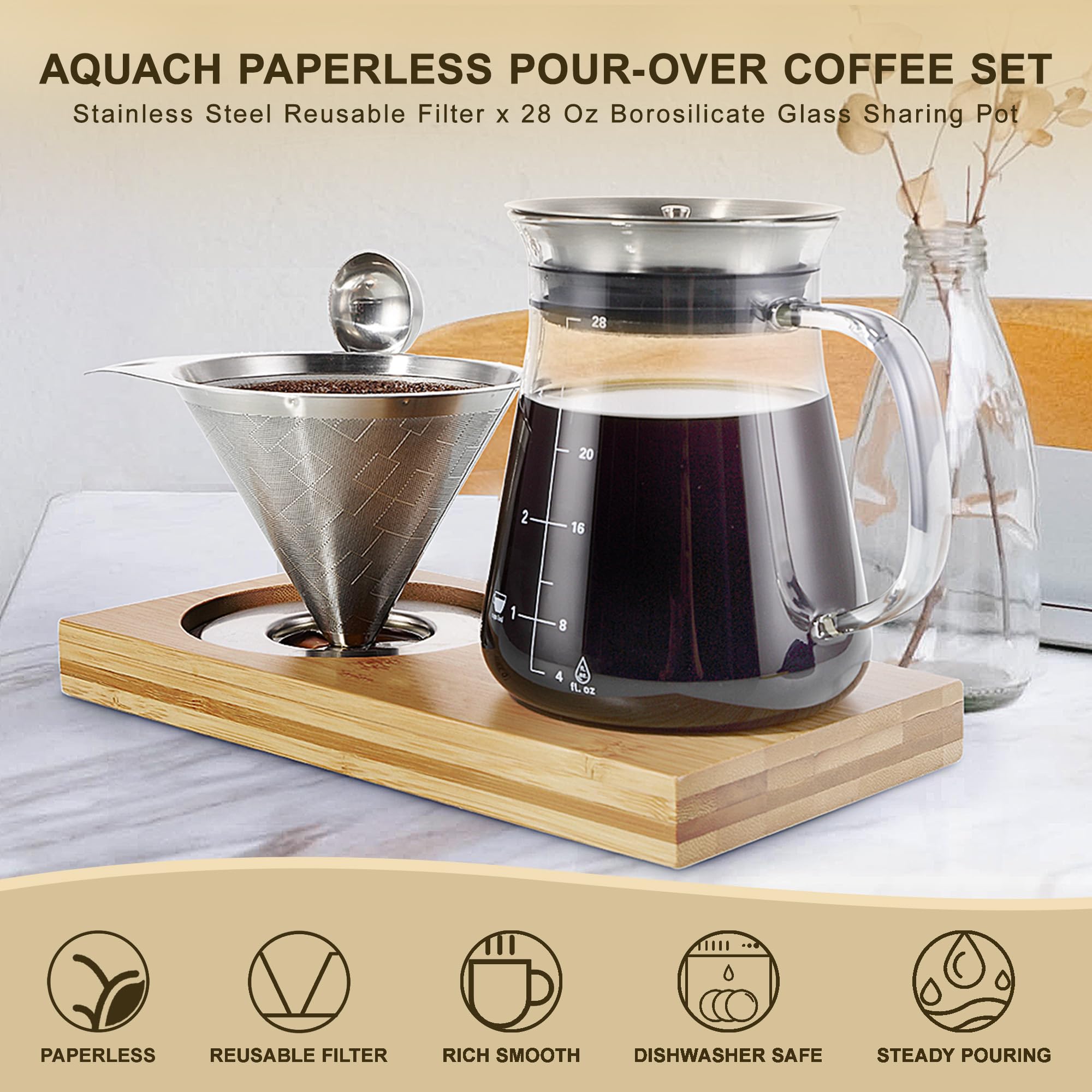 Aquach Pour Over Coffee Maker Set With Extra Large Coffee Dripper, 28 Oz Glass Carafe, Stainlesss Steel Coffee Scoop And Bamboo