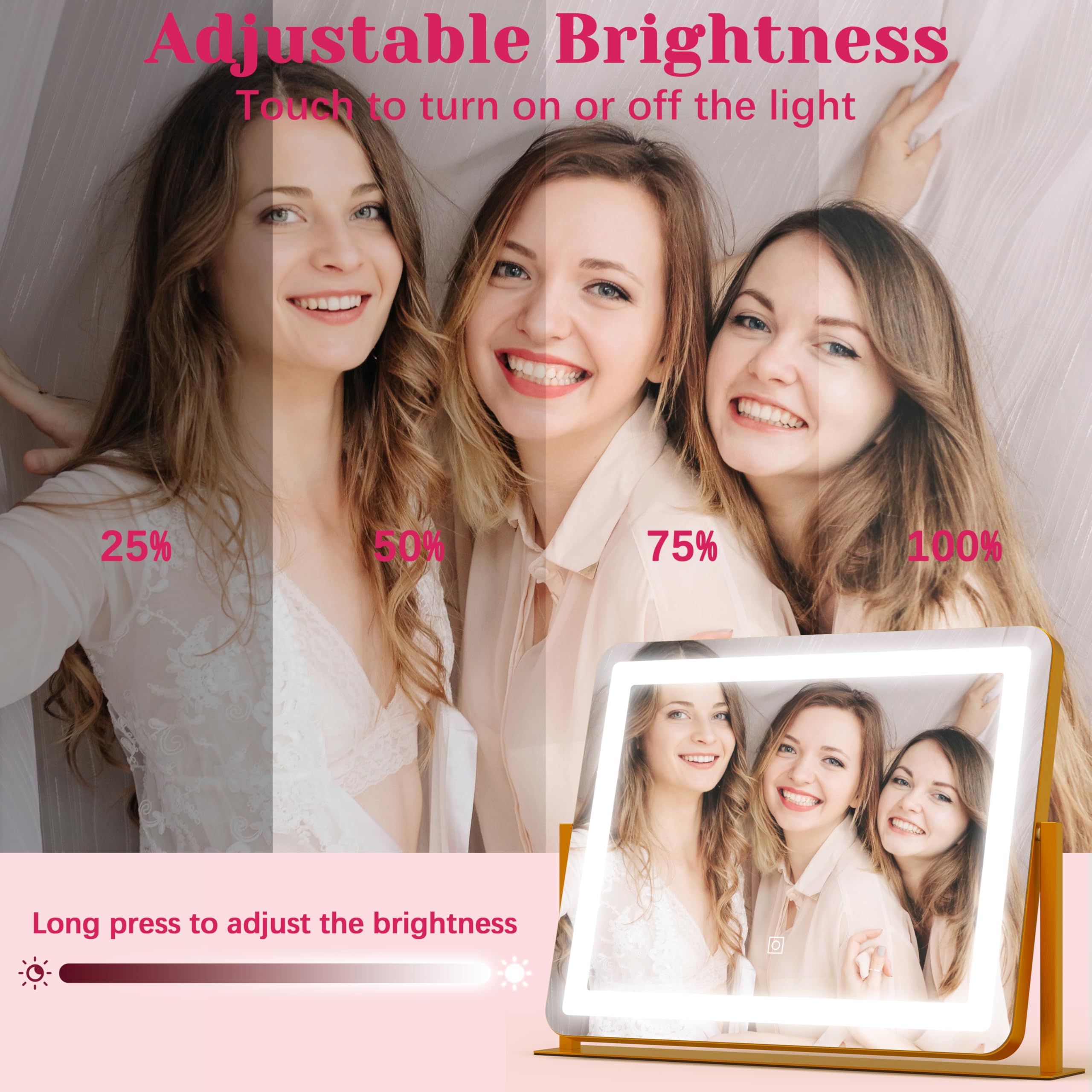 Hnv Gold Vanity Makeup Mirror With Lights, 22X17 Large Lighted Vanity Mirror, Dimmable Led With 3 Color Touch Lighting, Tabletop