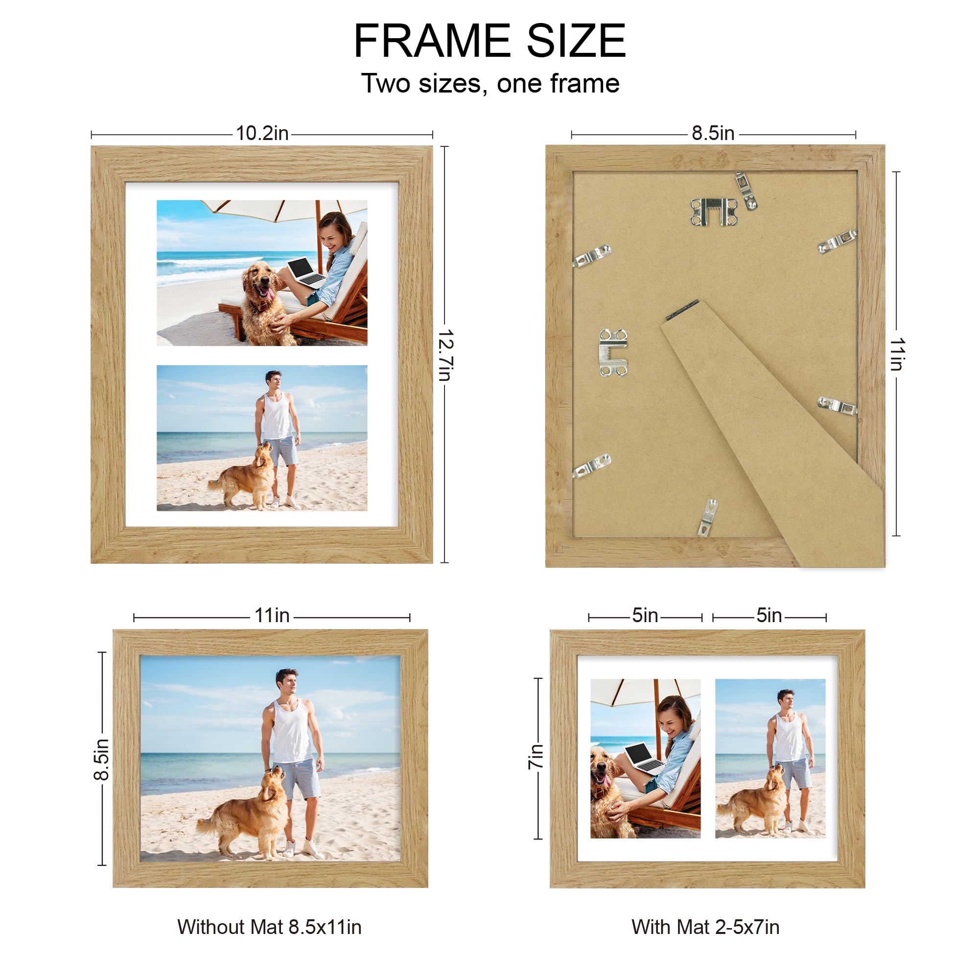 Hongkee 8.5x11 Picture Frame Set of 2, Natural Oak Certificate Document Frames with Glass Collage Frame, Display Pictures Two 5x