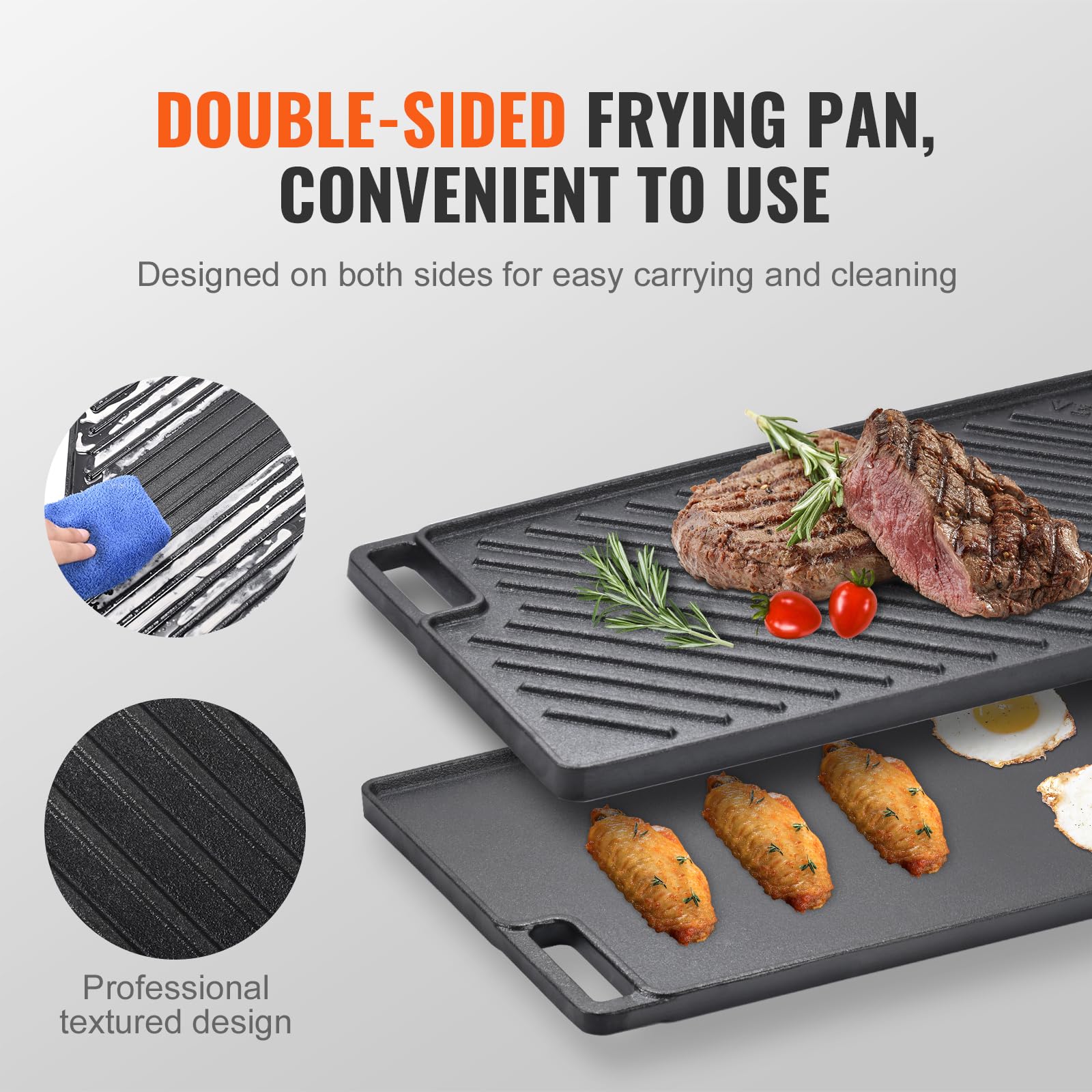 Vevor Reversible Grill/Griddle, 17X10'' Pre-Seasoned Cast Iron Griddle, Rectangular Double Burner Griddle Pan, Non-Stick Family