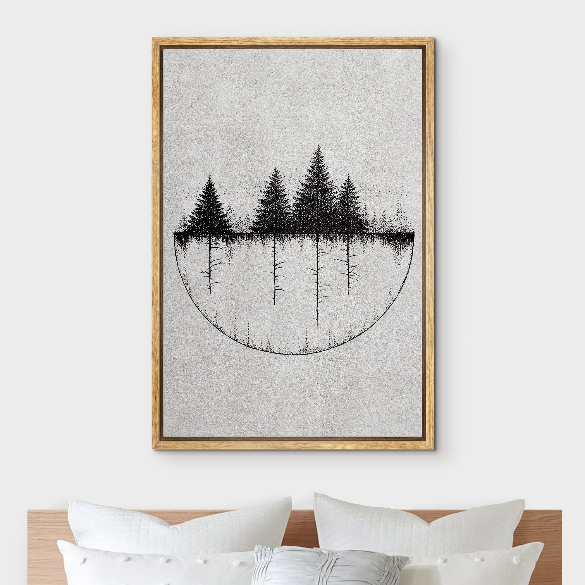NWT Framed Canvas Print Wall Art Sketch Style Inverted Forest Trees Nature Wilderness Photography Realism Minimalist Scenic Black and White for Living Room  Bedroom  Office - 16''x24'' Natural