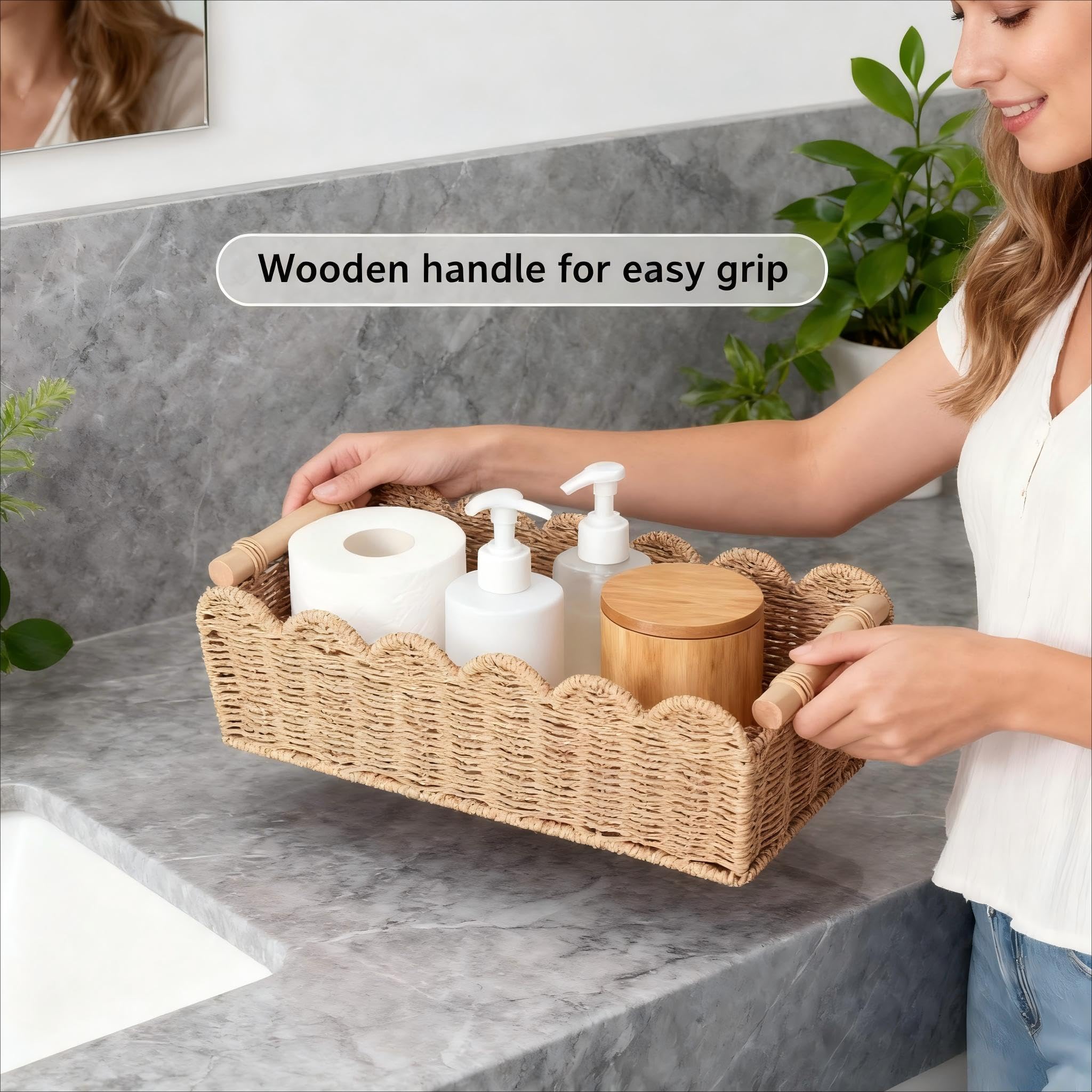 Quincry Scalloped Edge Organizer Basket for Toilet Tank Top with Wooden Handle, Wicker Storage over Above Behind Flush Tank, Han