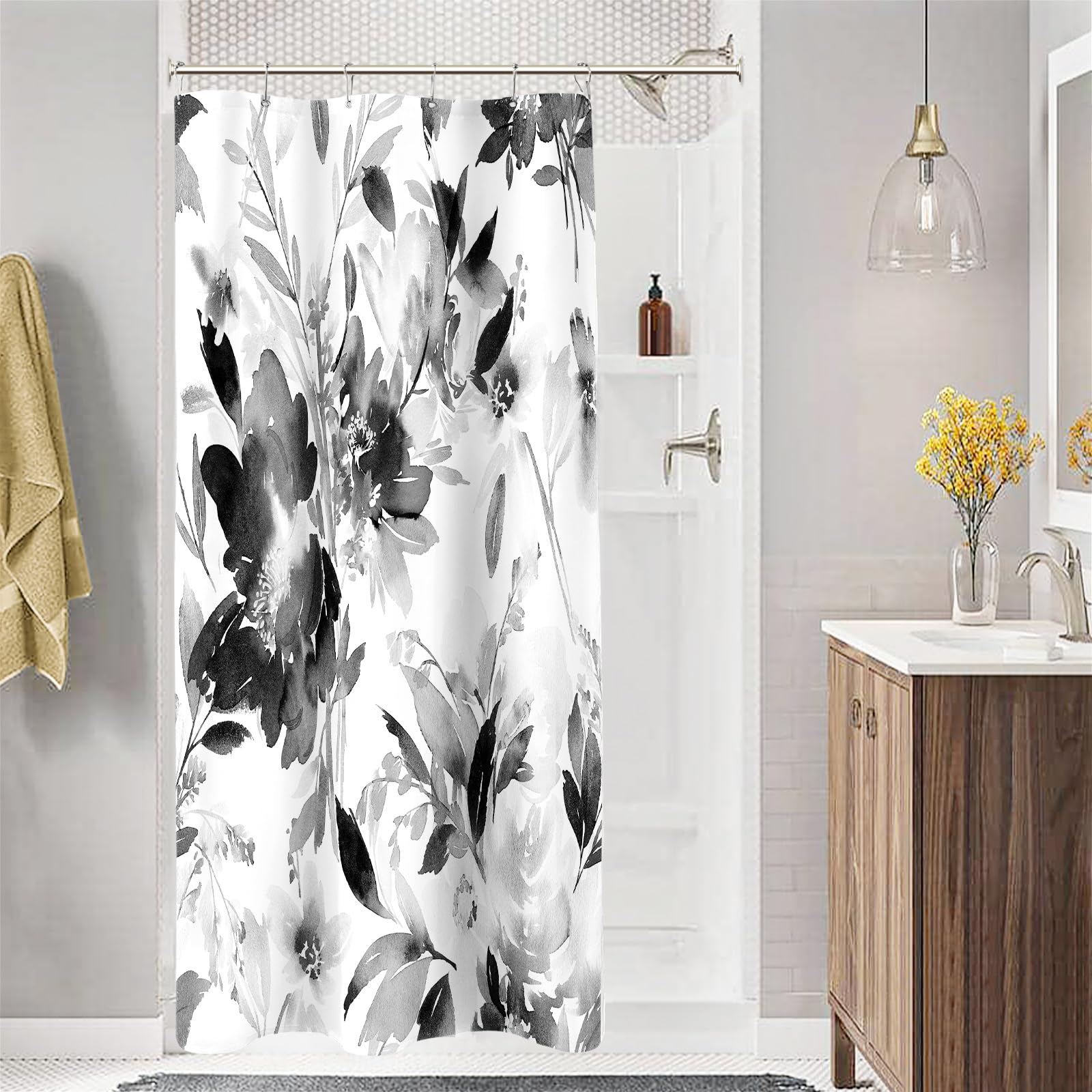 Mayzus Small Stall Shower Curtain 36 X 72 Inch, Half Narrow Watercolor Floral Fabric Shower Curtain, Black And White Modern Abst
