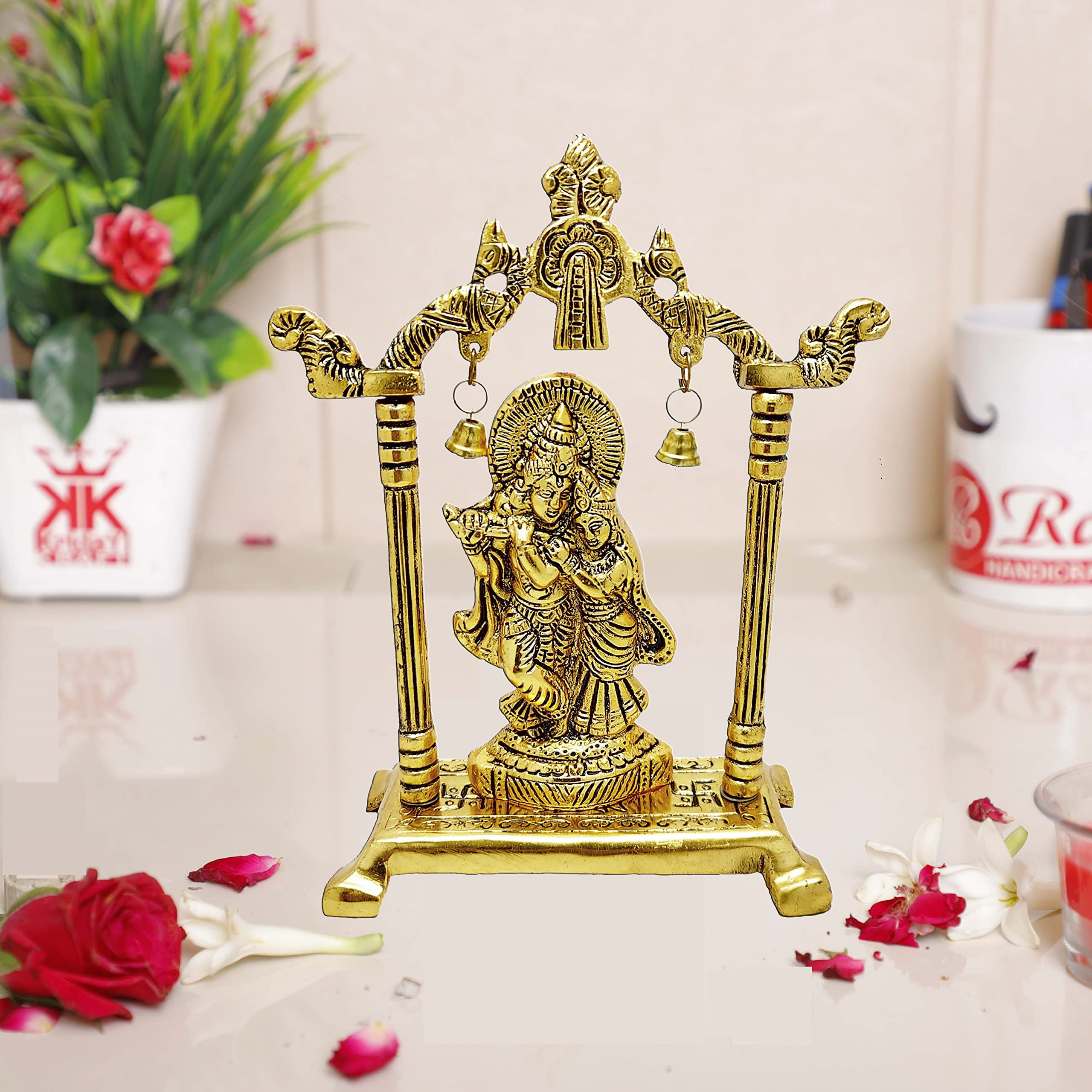KridayKraft Metal Radha Krishna Statue Gold Plated Decor Your Home,Office & Radha Krishna Murti Idol Showpiece Figurines,Religio
