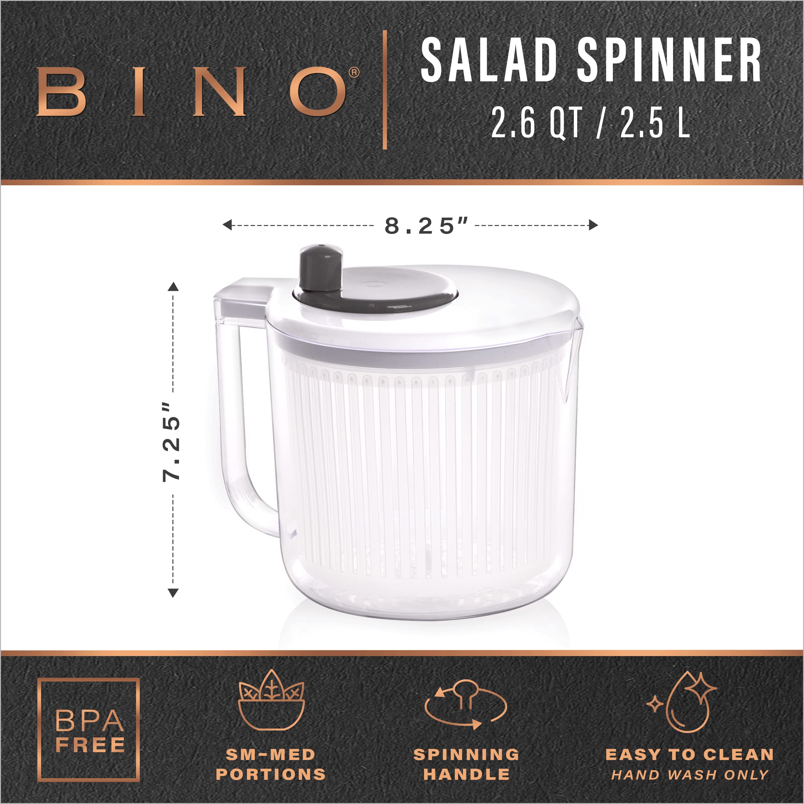 Bino | Salad Spinner - 2.6 Qt | Small Manual Lettuce Spinner With Built-In Draining System | Salad Spinner, Colander, And Water