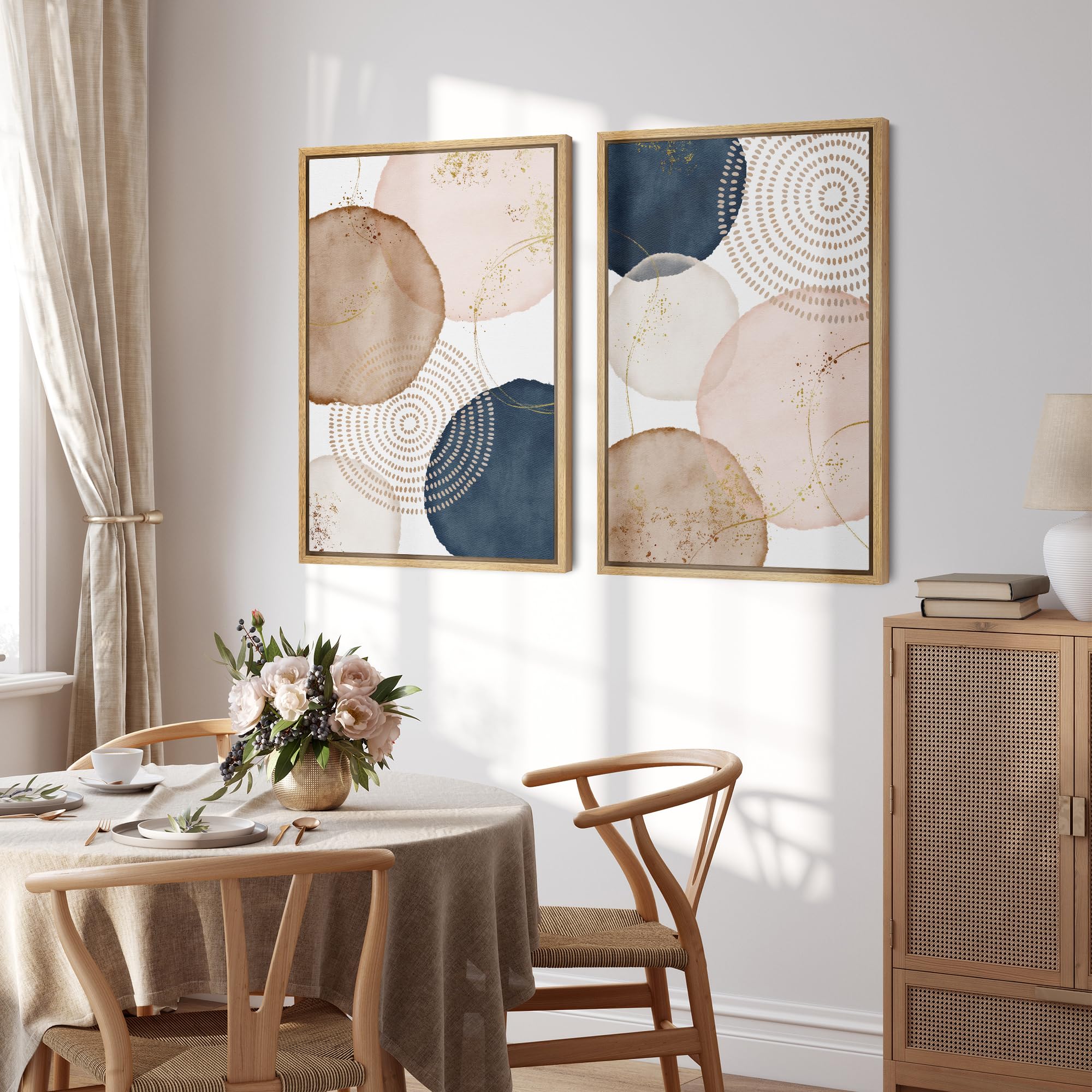 Signford Framed Wall Art Print Set Pastel Watercolor Vibrant Circle Collage Abstract Shapes Illustrations Modern Minimalist Rela