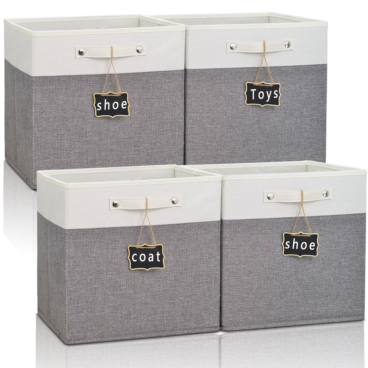 12X12 Storage Cube Bins 4 Pack,Collapsible Fabric Storage Cubes With Labels,Linen Cube Storage Organizer Bins With Cotton Handle