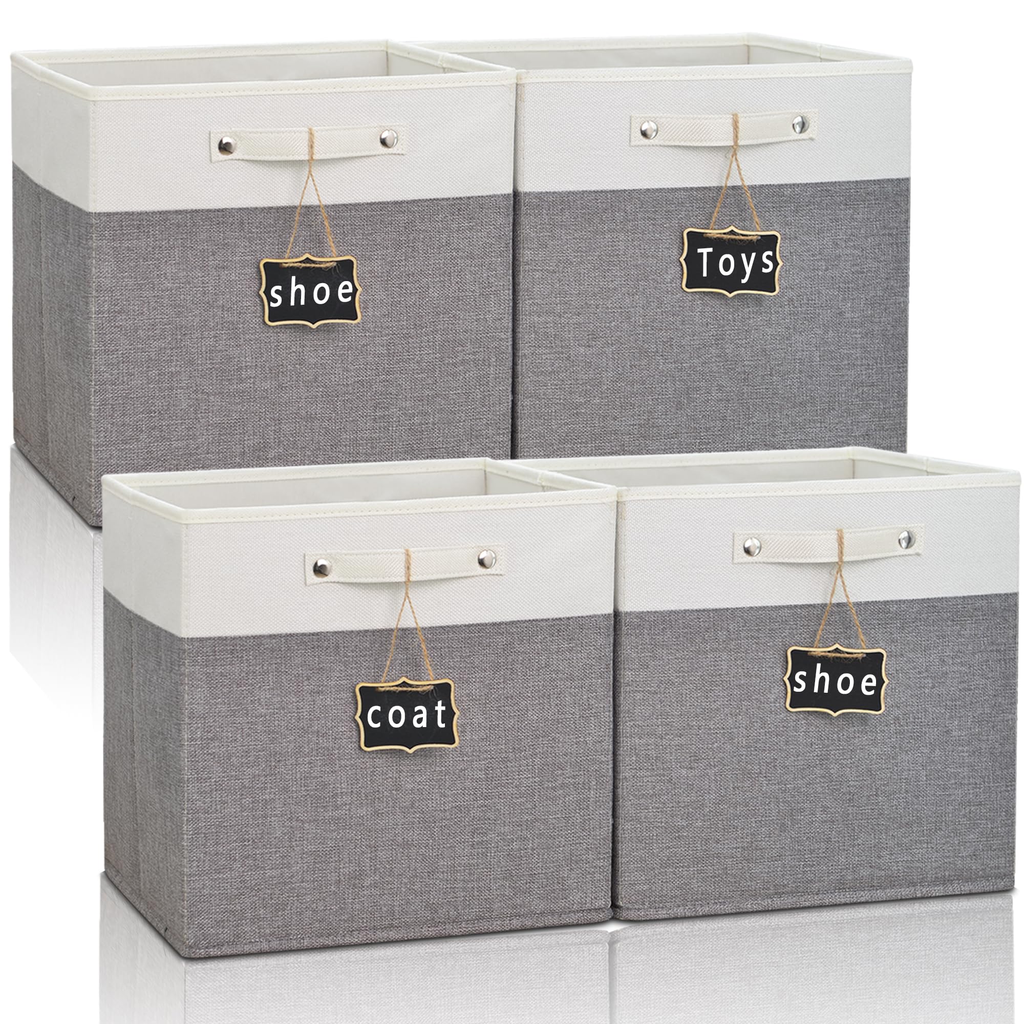 11X11 Cube Storage Bins 4 Pack,Collapsible Fabric Storage Cubes With Labels,Linen Cube Storage Organizer Bins With Cotton Handle