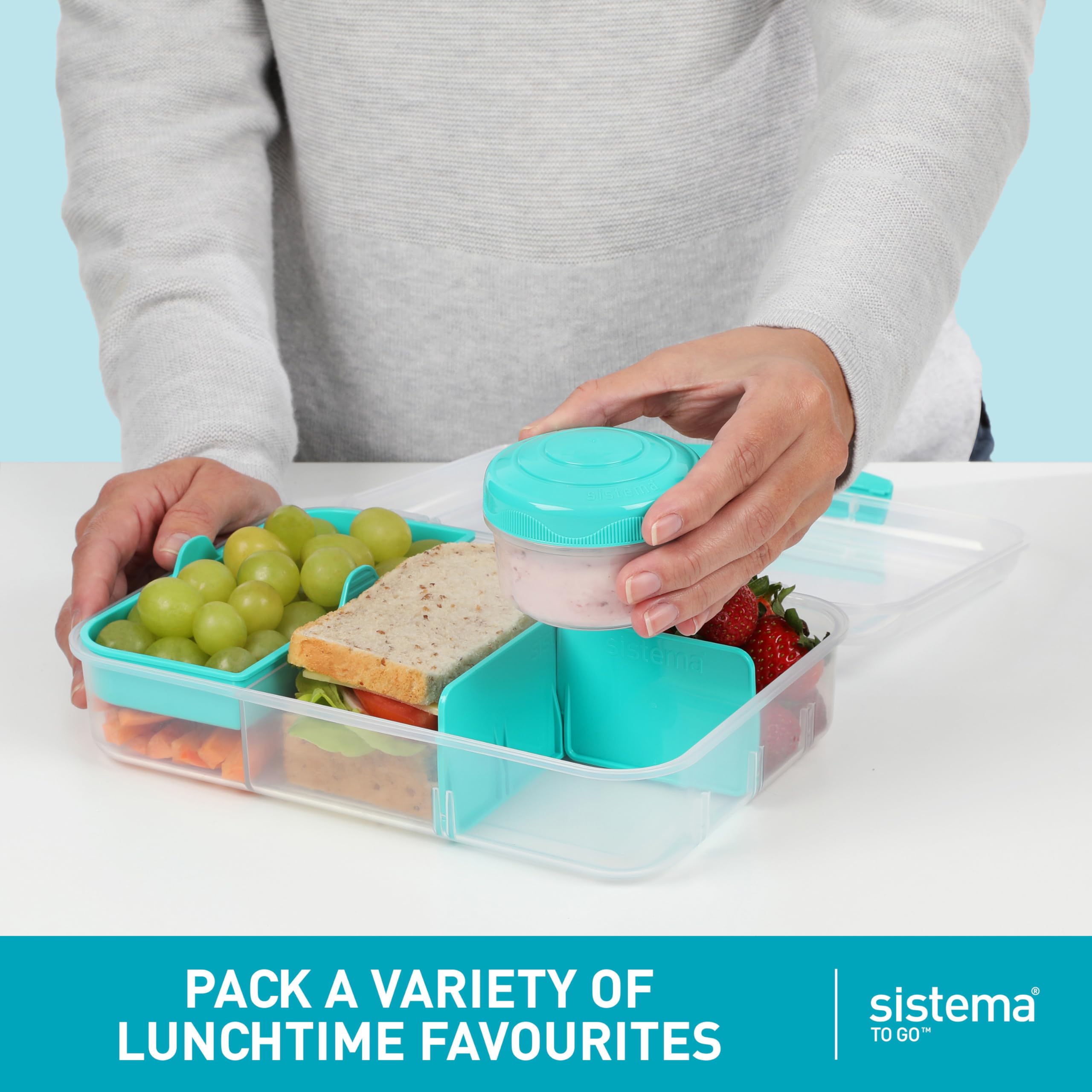 Sistema Bento Create To Go 6-Cup Food Storage Container Bento Box With Lid And Dividers, 2 Pack, Minty Teal