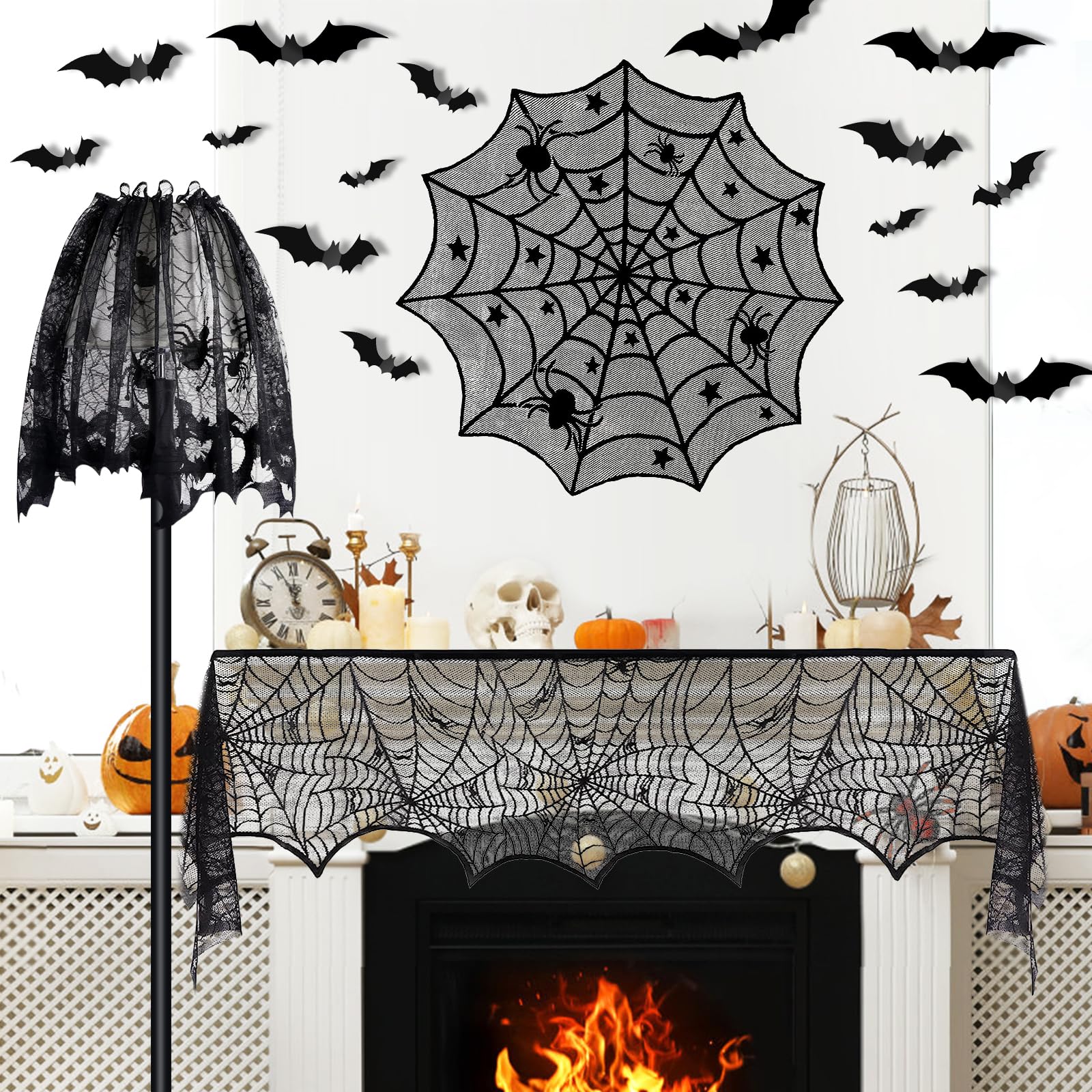 5Pack Halloween Decorations Indoor Halloween Spider Web Tablecloth Table Runners Fireplace Mantel Scarf Cobweb Lampshade Scary 3