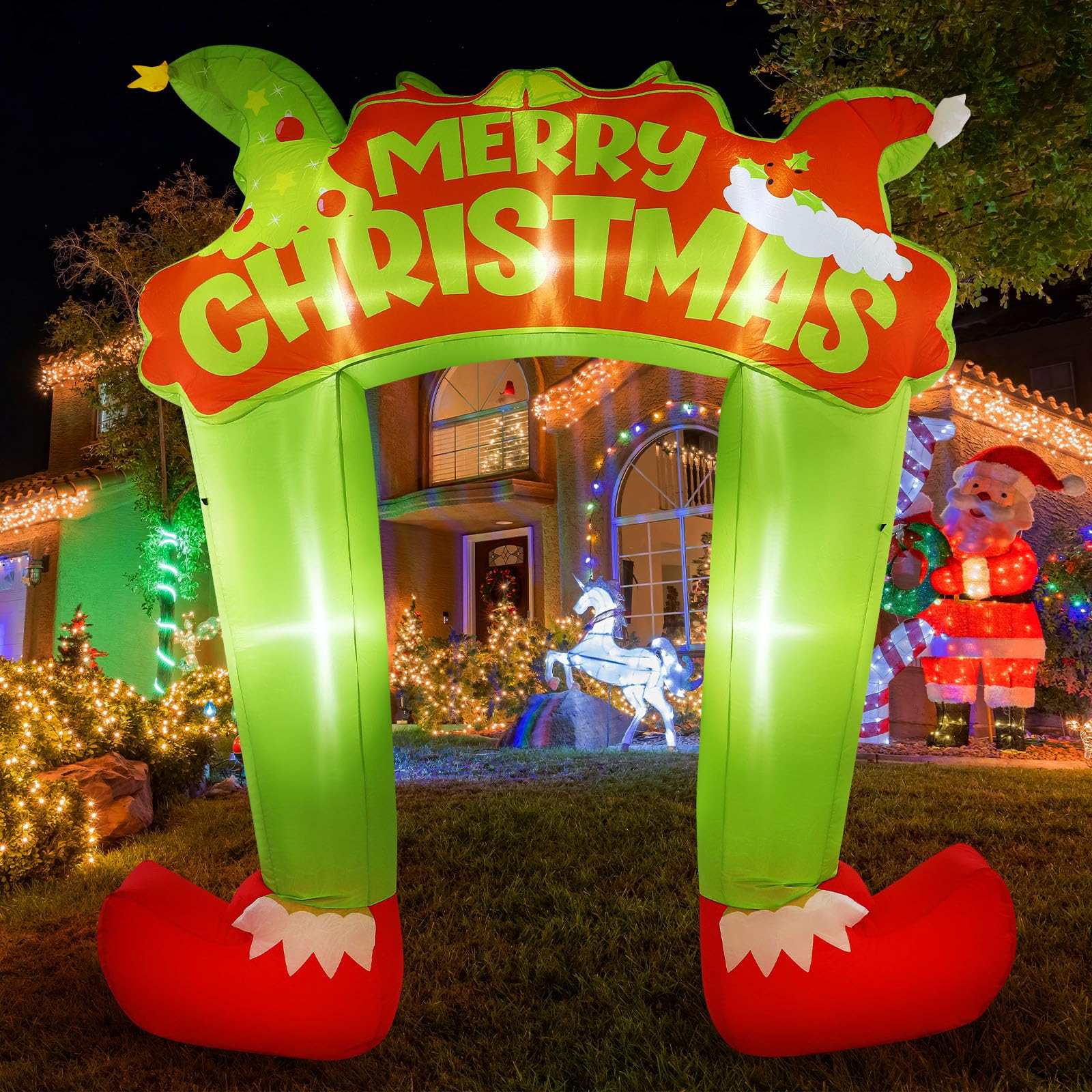 Lenwen 10 ft Christmas Green Furred Troublemaker Inflatable Arch Decoration Xmas Green Big Monster Leg Inflatables Archway with 