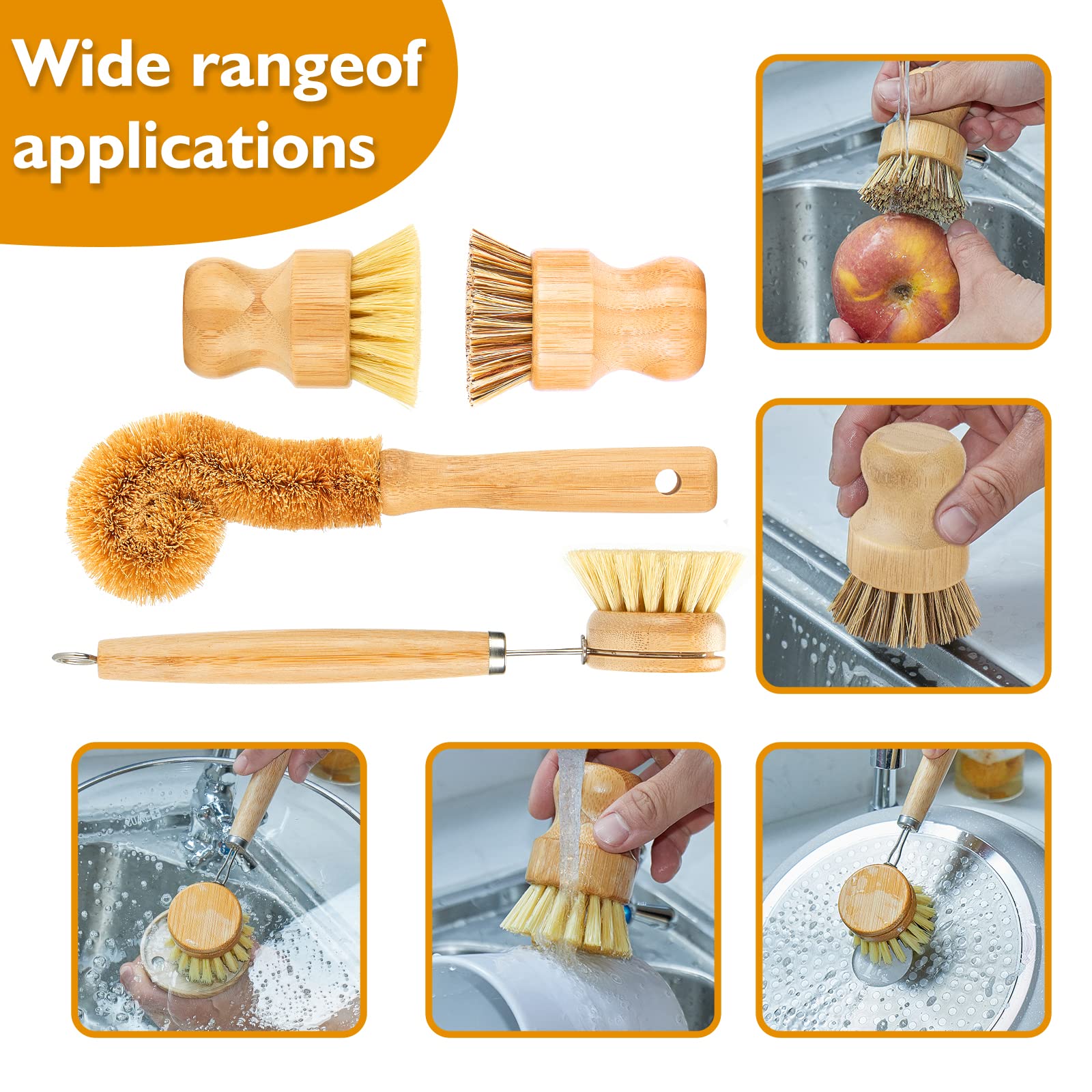 Samebuteco Bamboo Dish Brushes Sets 4 Tools In One Kitchen Clean Dish Scrubber For Pots Pans Bottles With Natural Bristles (Bamb