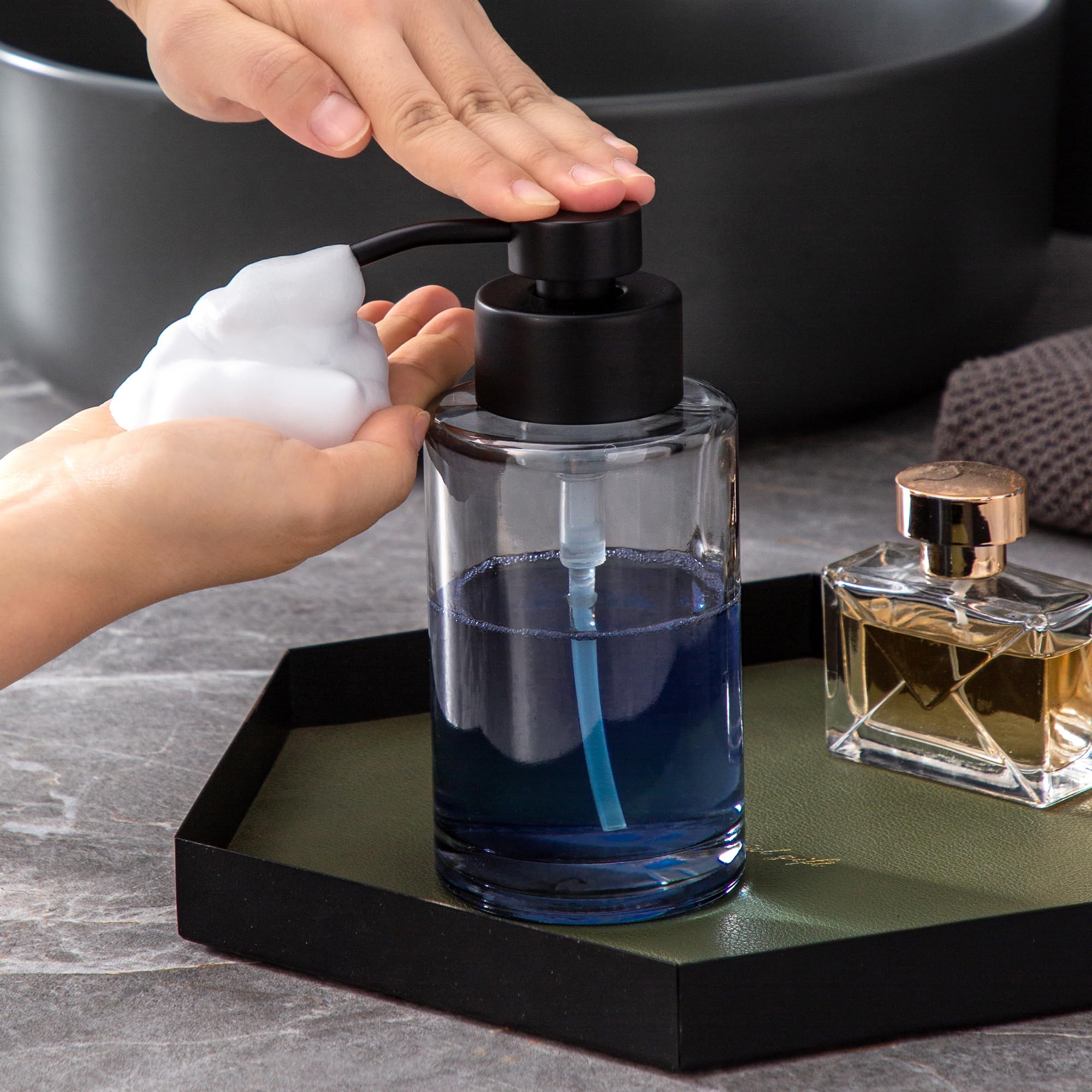 Enra Foaming Soap Dispenser,12Oz Black Thick Glass Bathroom Soap Dispenser With Stainless Steel Pump,Dish Soap Dispenser,Soap Di