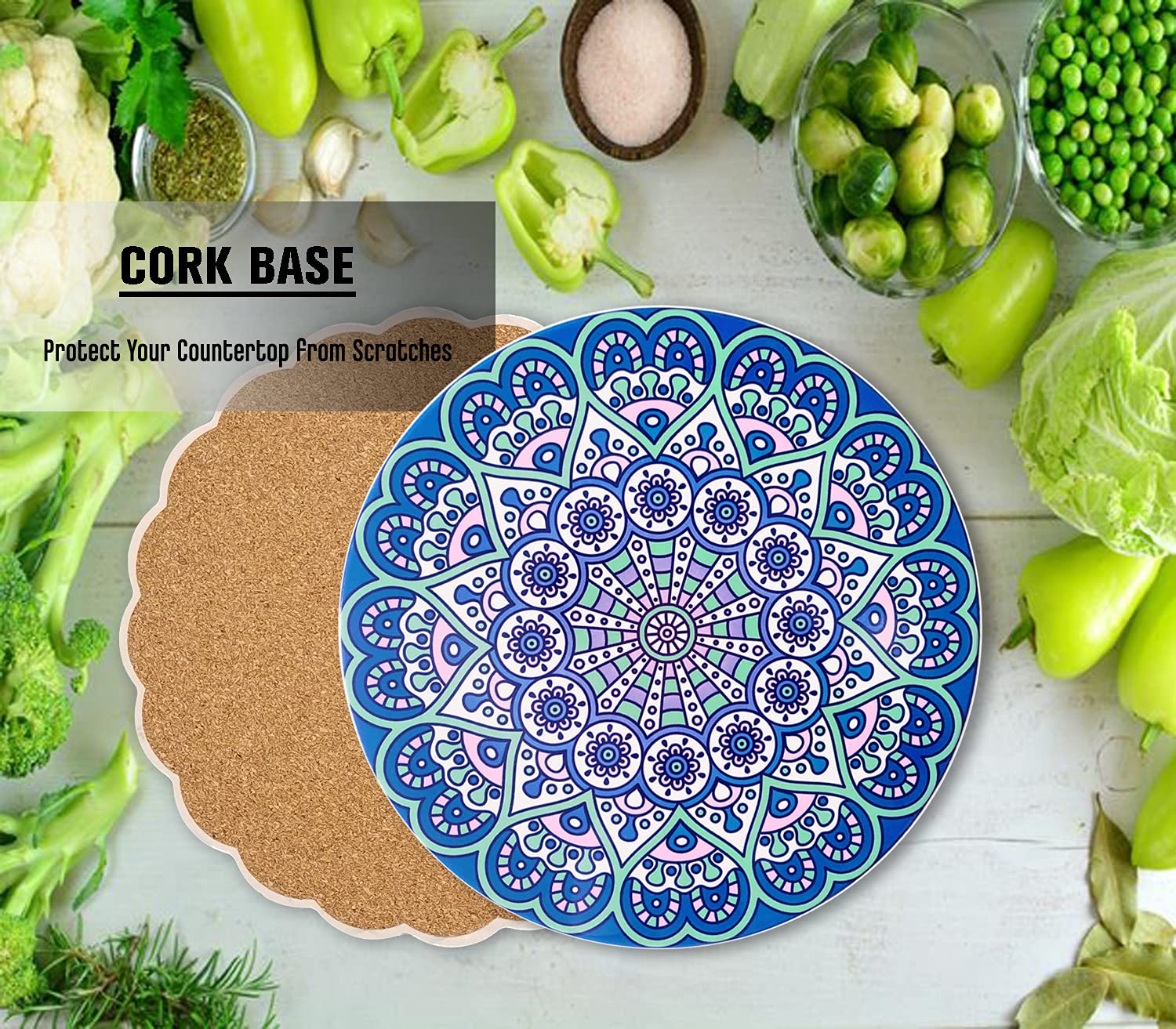 Ceramic Trivet For Hot Pots And Pans, Large Heat Resistant Mats With Cork Base, Trivets For Hot Dishes, Extra Thick, Round 7.9 I