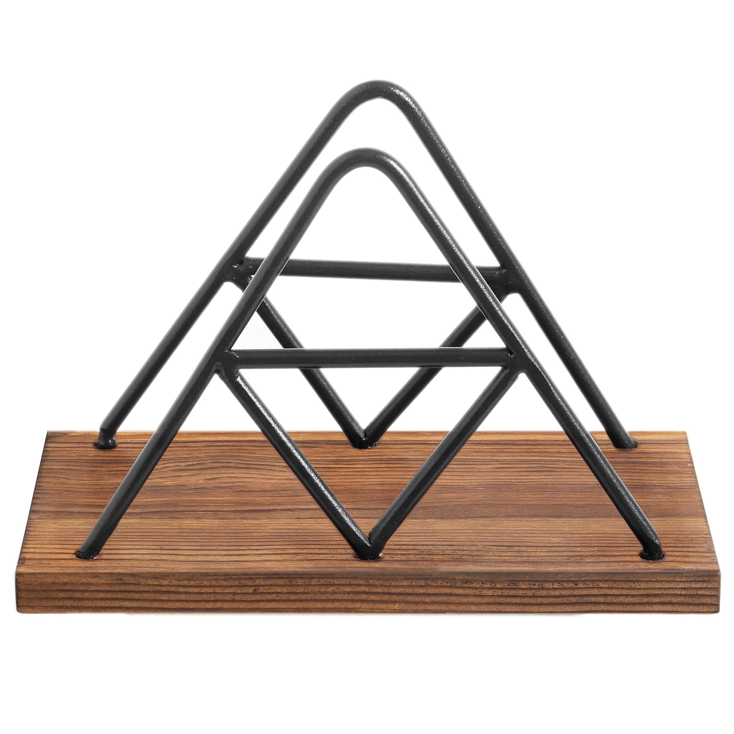 Mygift Matte Black Metal Wire Triangle Napkin Holder With Rustic Burnt Solid Wood Base, Tabletop Geometric Serviette Dispenser R