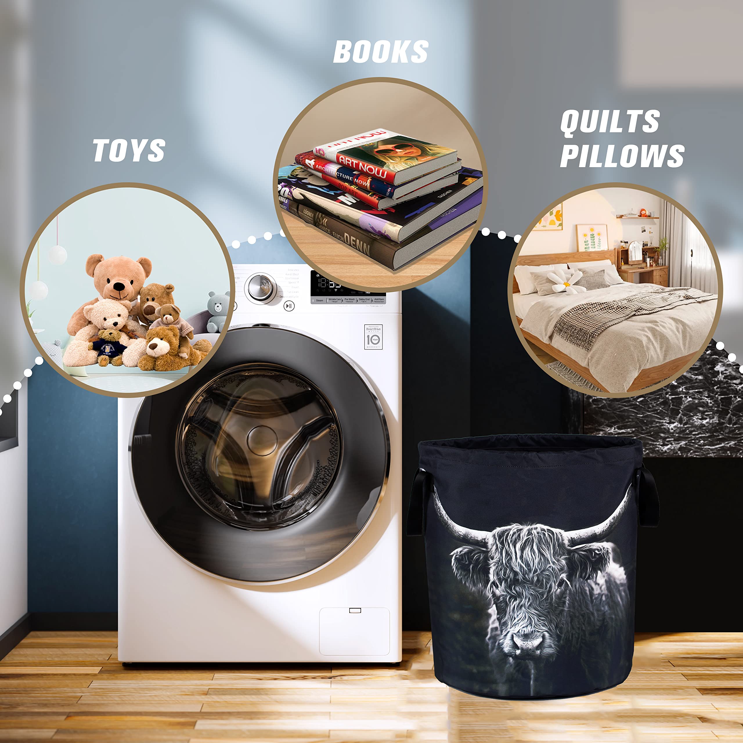 Highland Cow Laundry Basket Animal Foldable Waterproof Oxford Cloth Funny Tote Bag Laundry Hamper Clothes Storage Bucket Toy Org