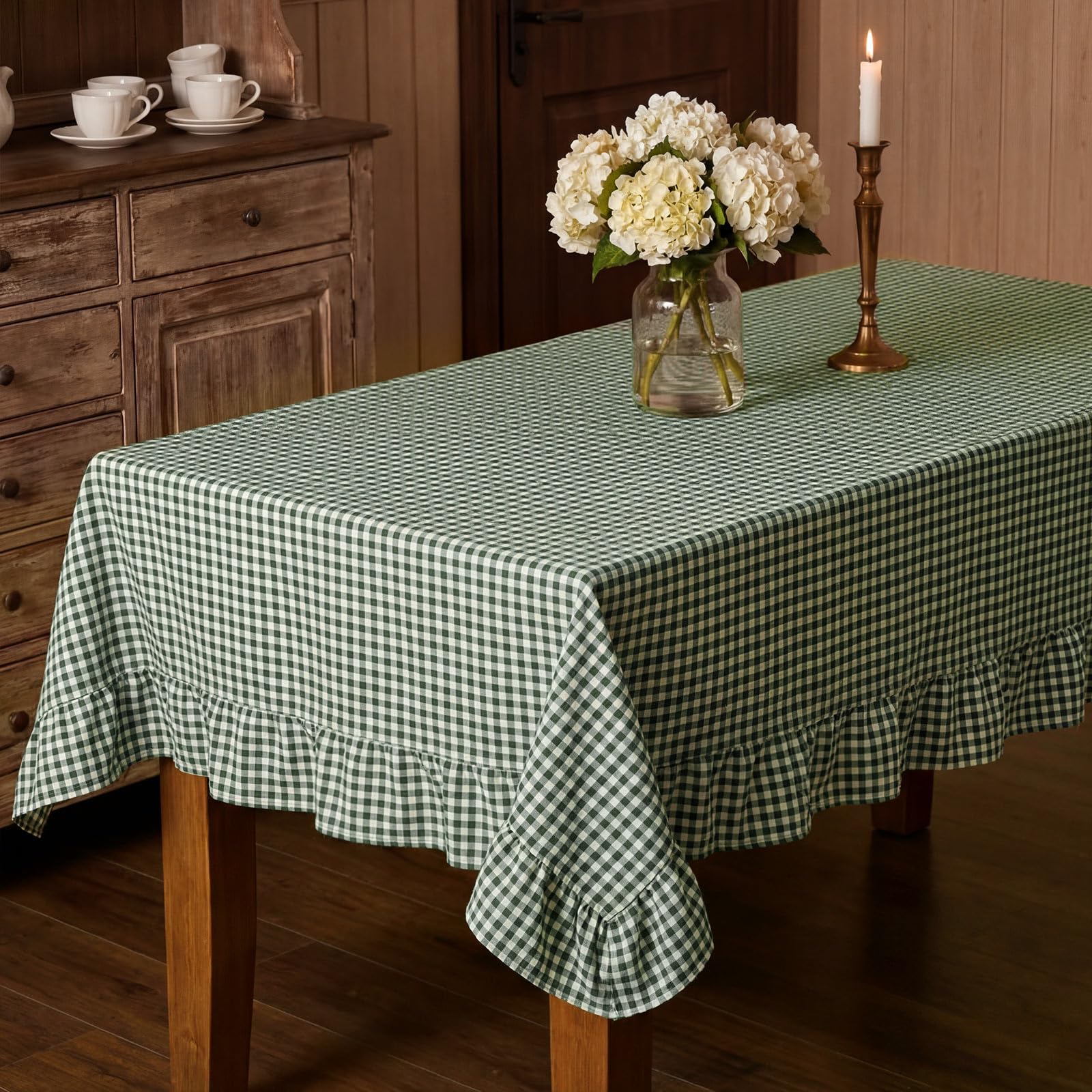 Mindsoft Green Gingham Ruffled Tablecloth 60 x 120 Inches Rectangle Cotton Linen Checkered Table Cloth Buffalo Plaid Farmhouse V
