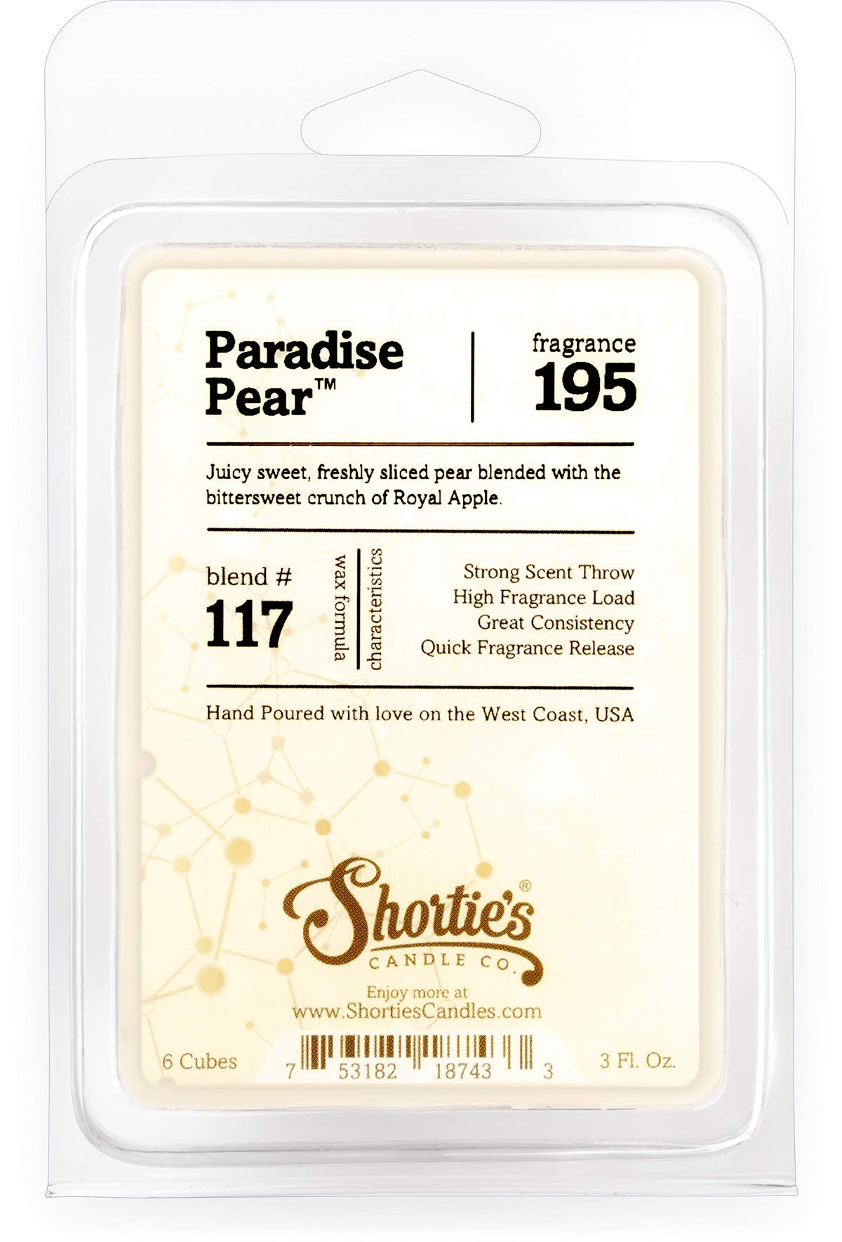 Shortie's Candle Company Paradise Pear Wax Melts - Formula 117-1 Highly Scented 3 Oz. Bar - Made with Natural Oils - Fruit & Ber