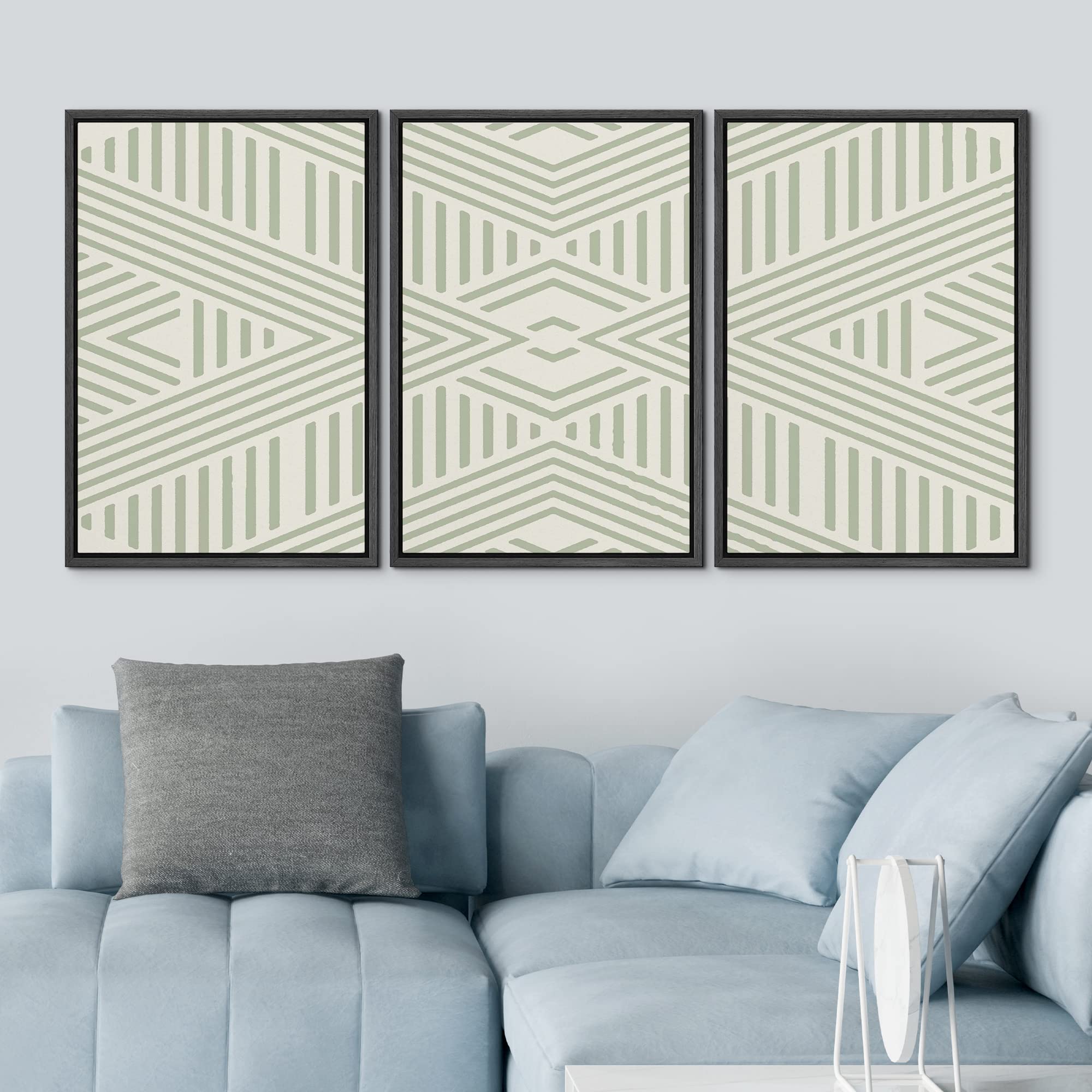 Idea4Wall Framed Wall Art Print Set Dark & Light Green Tribal Triangle Pattern Geometric Shapes Illustrations Modern Art Bohemia