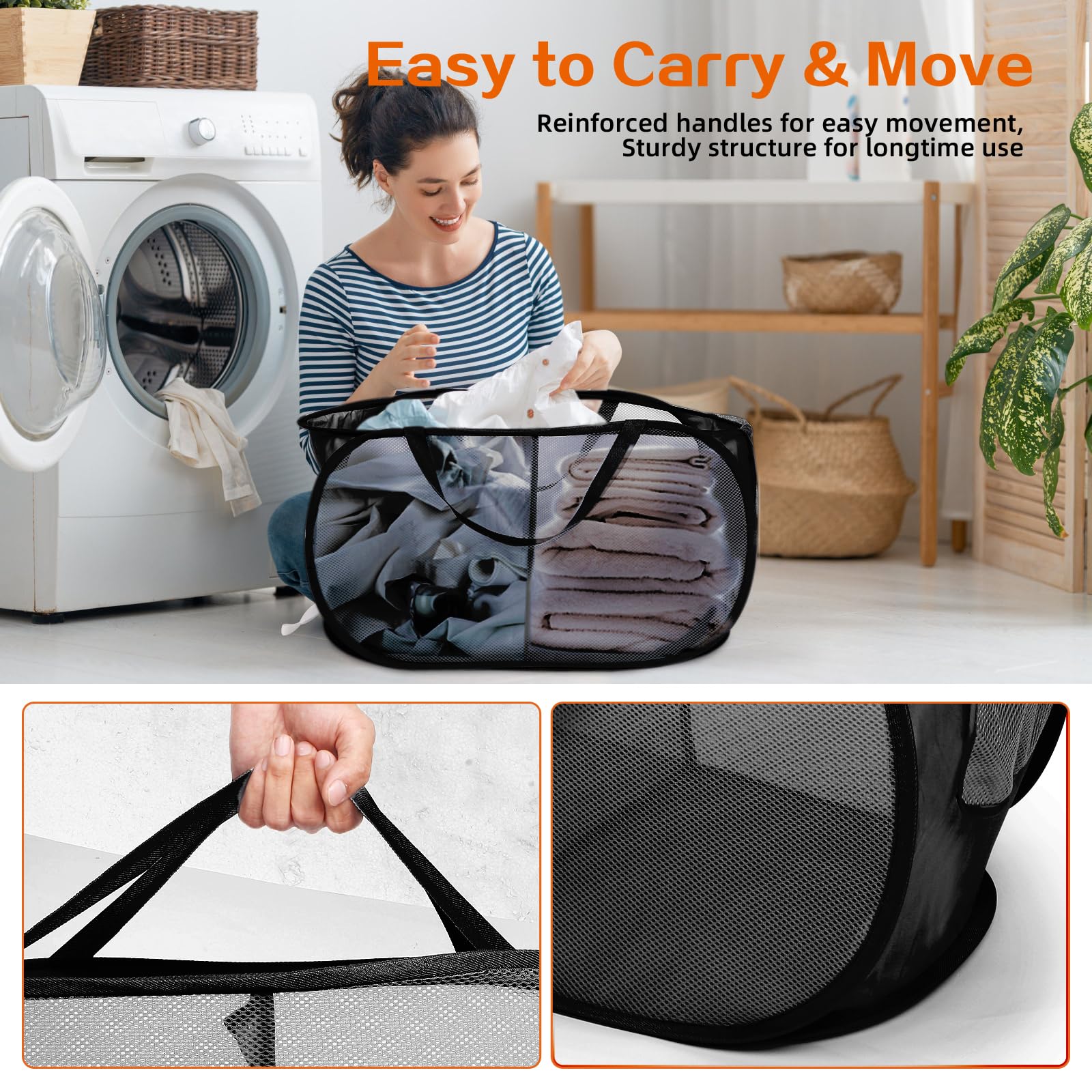 Foldable Laundry Baskets, Collapsible Mesh Laundry Hamper, Durable Pop Up Laundry Basket, 2 Compartments Clothes Hampers For Lau