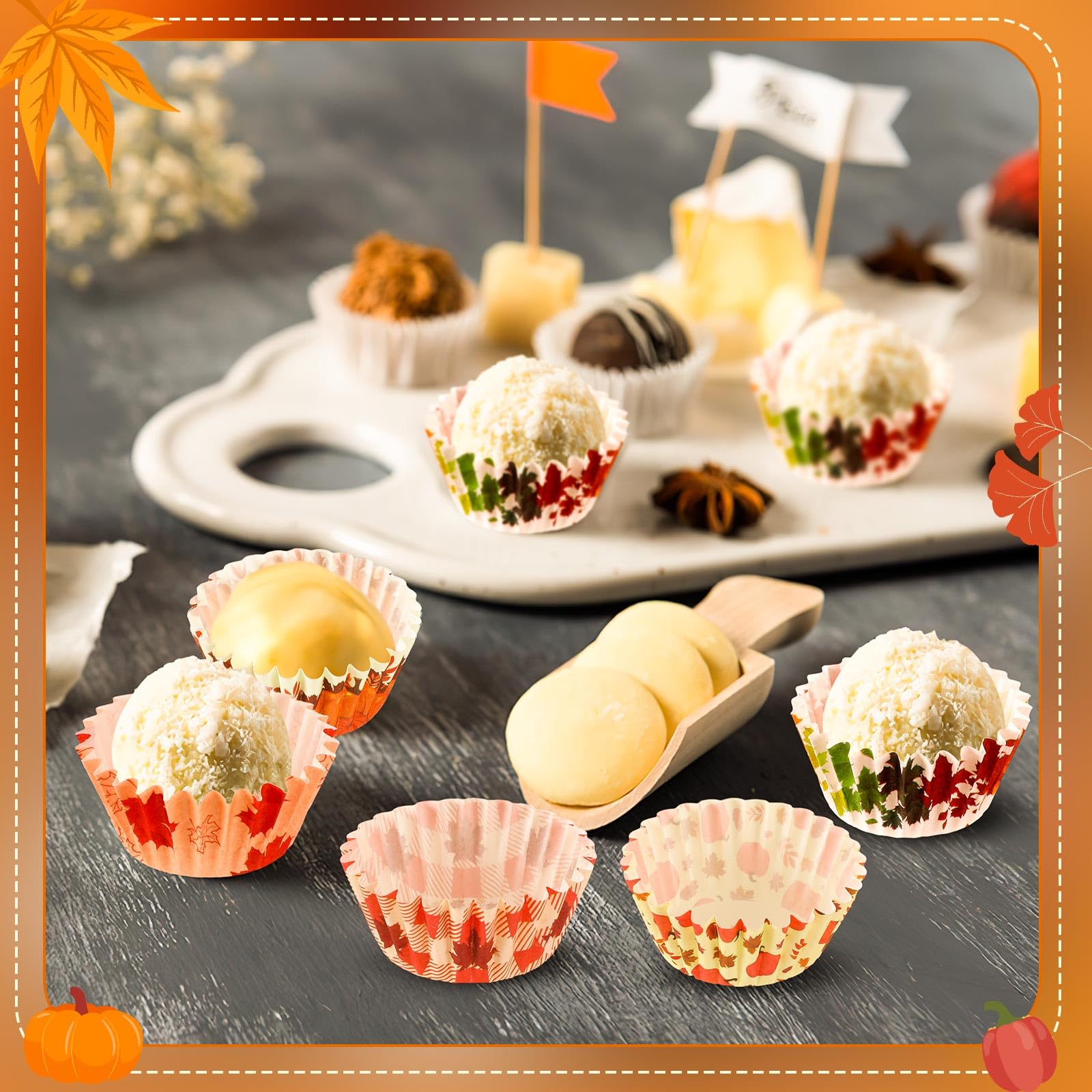 Augsun 800Pcs Mini Fall Cupcake Liners Thanksgiving Pumpkin Maple Leaves Cupcake Papers Baking Cups Cupcake Wrappers For Fall Th