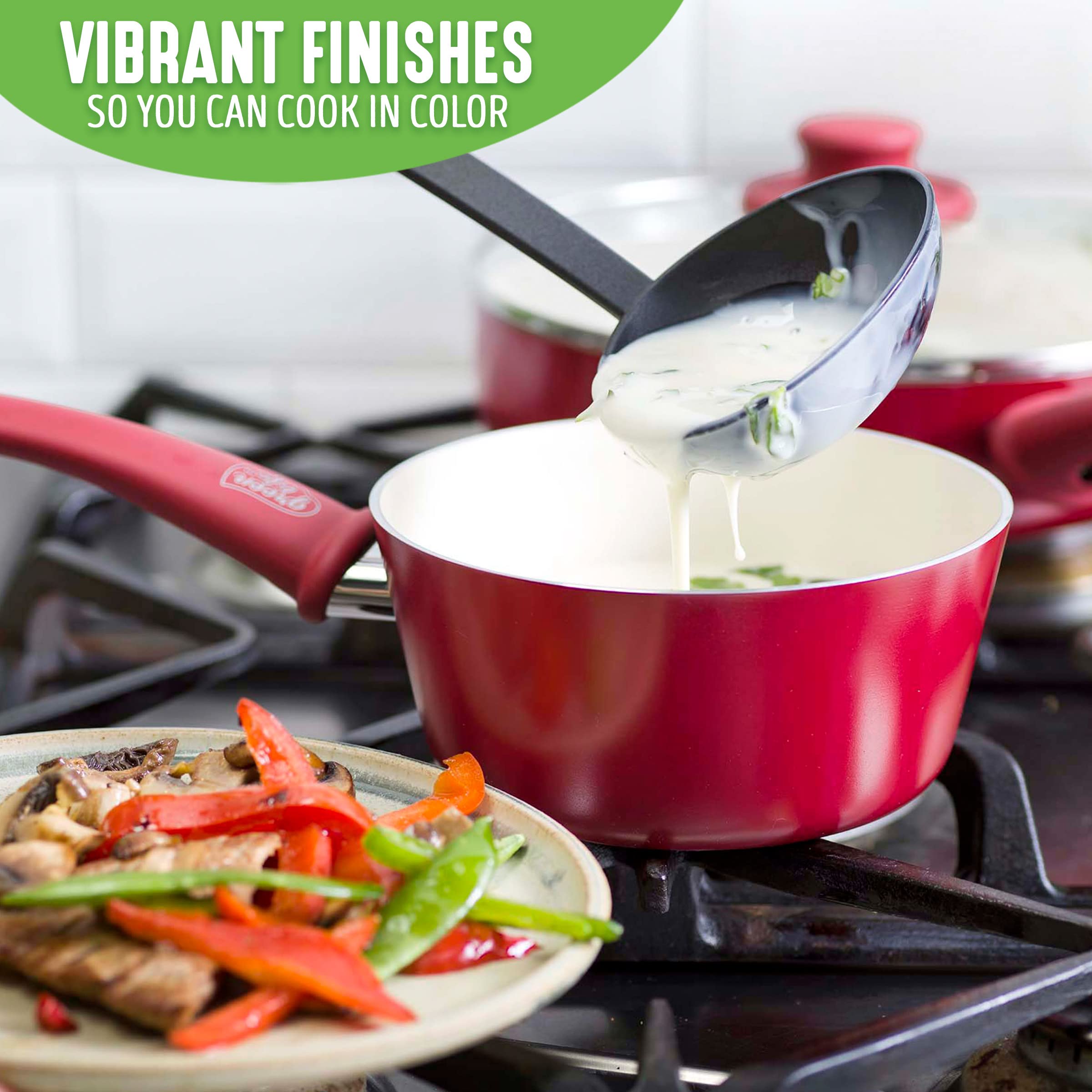 Greenlife Soft Grip Healthy Ceramic Nonstick, 1Qt And 2Qt Saucepan Pot Set With Lids, Pfas-Free, Dishwasher Safe, Red