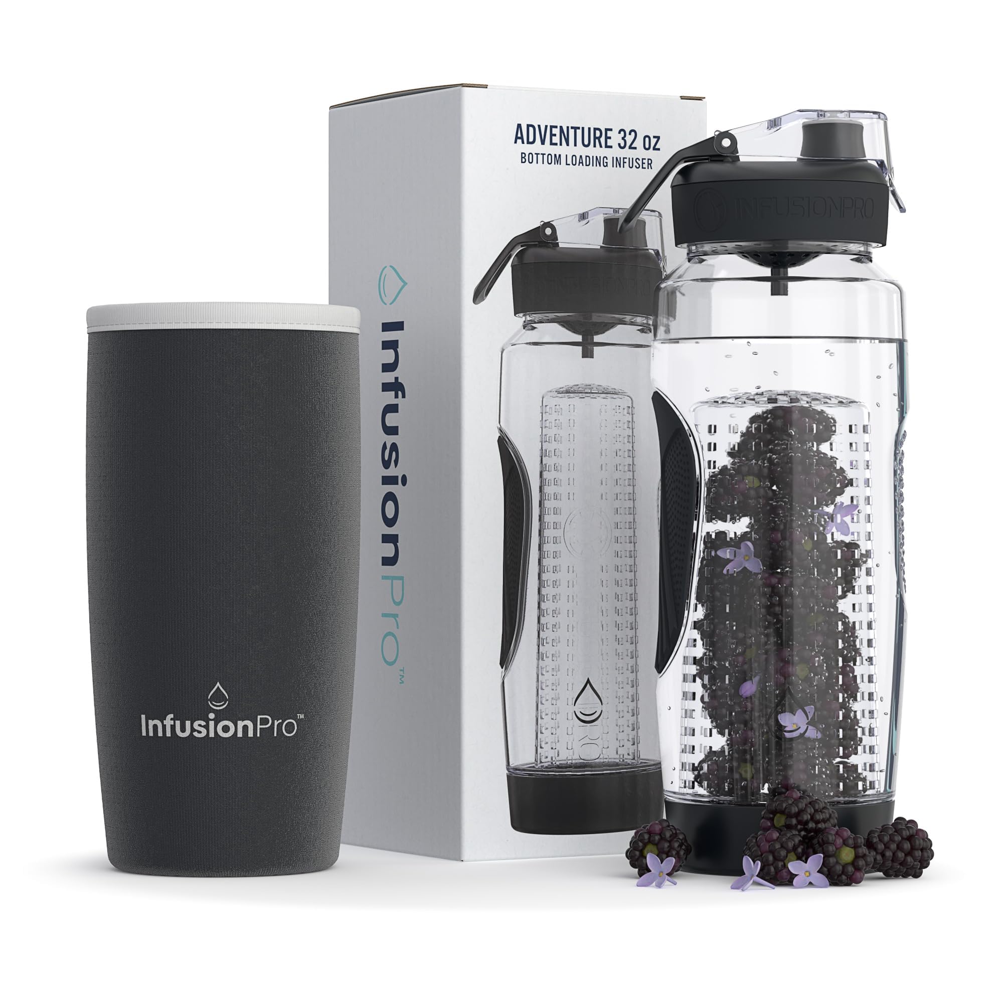 Infusion Pro 32 oz Fruit Infuser Water Bottle with Insulated Sleeve & 50 Recipe Fruit Infusion Water eBook : Bottom Loading  Large Water Infuser for More Flavor : Unique Gift Idea for Women