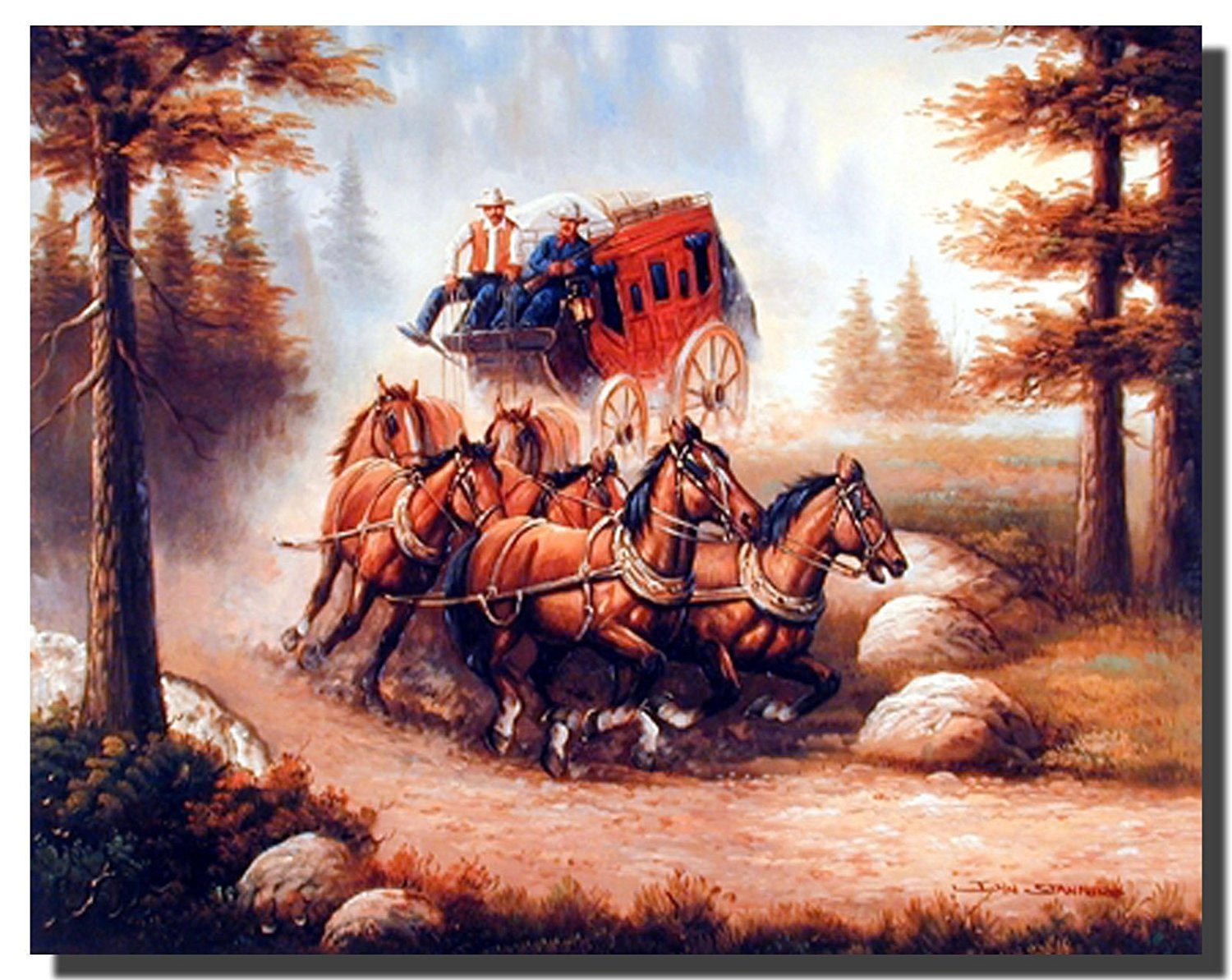 Old Western Cowboy With Red Stagecoach And Running Horses Wall Decor Art Print Poster (16X20)