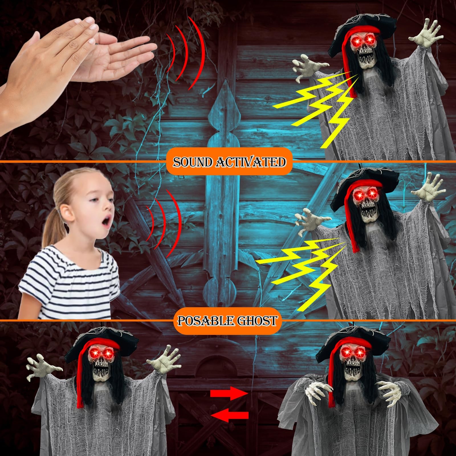 [ Sound Activated & Large ] 70 Inch Halloween Animatronic Hanging Talking Pirate Ghost Decoration Light up Eyes Shake Life Size