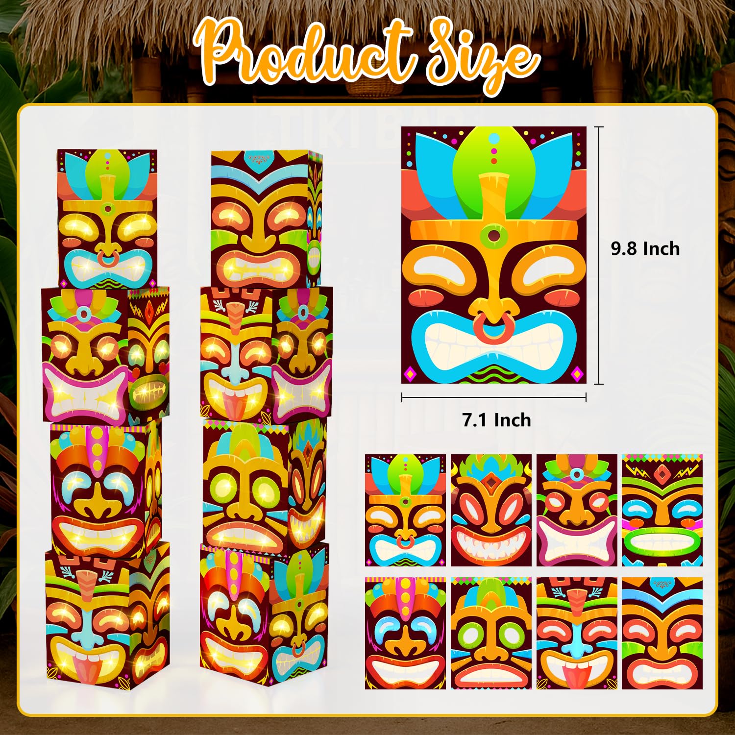 8 Pcs Tiki Totem Box Decor with Light, Luau Party Decorations for Hawaiian Birthday Party Tropical Aloha Decorations Tiki Lighte