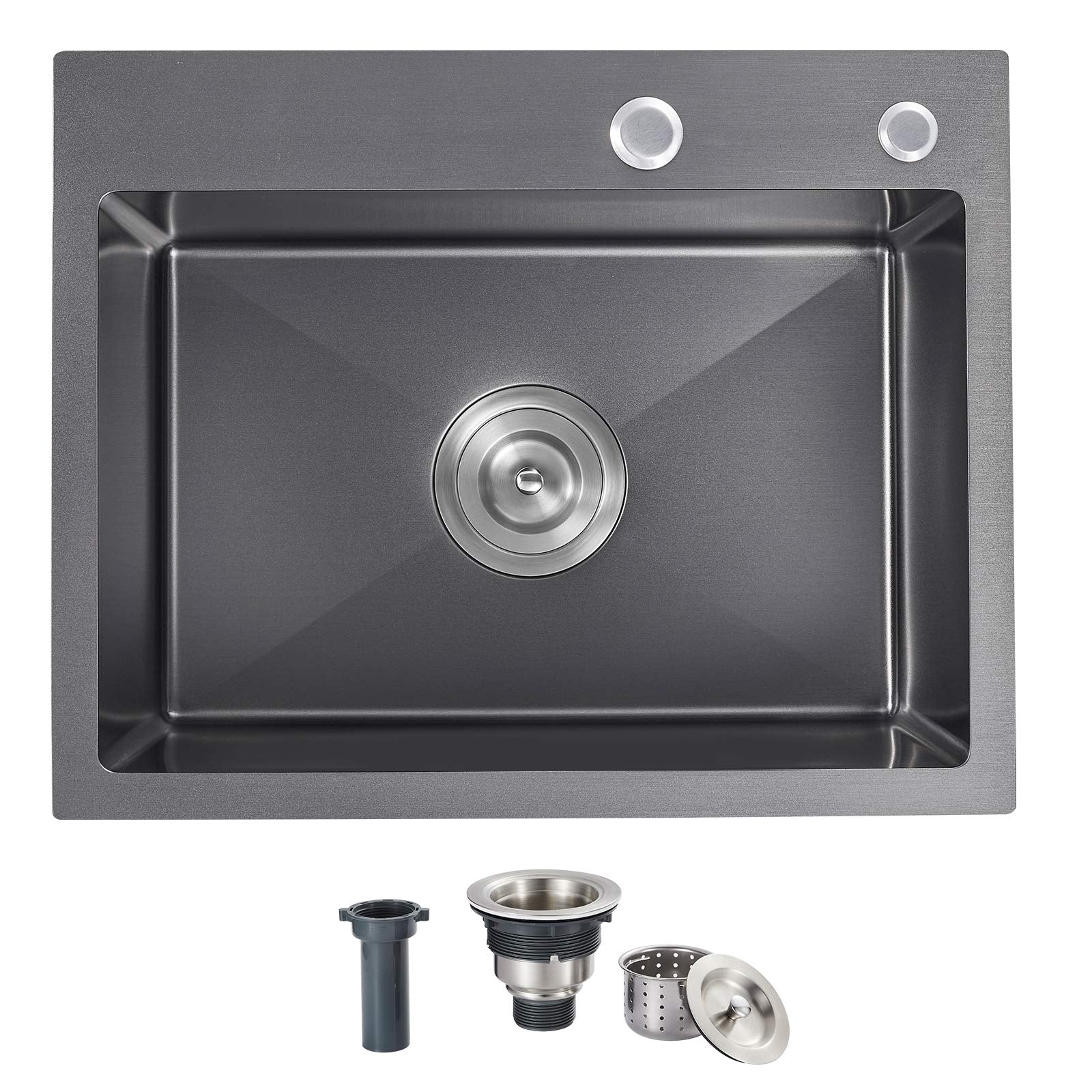 Ougoo 25-Inch Black Kitchen Sink, Drop In Kitchen Sinks, 304 Stainless Steel Overmount Handmade Single Bowl Sink With Strainer,