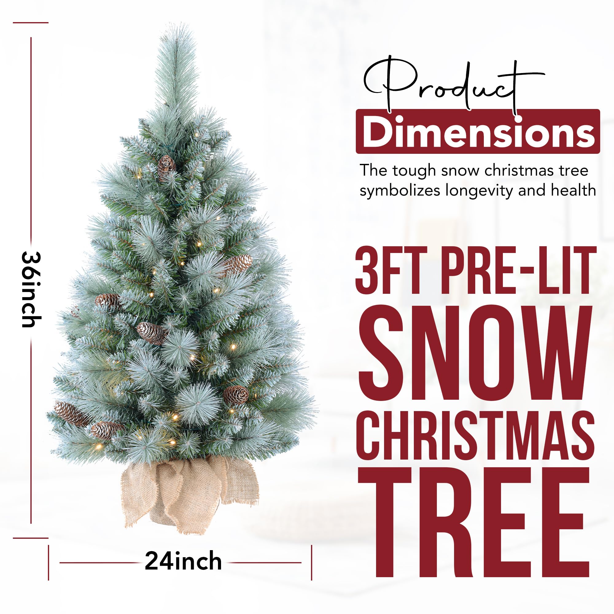 3ft Pre-Lit Mini Snow Christmas Trees with 80 LED Lights, 36 Decorated Burlap Artificial Tabletop Christmas Trees Home Party for