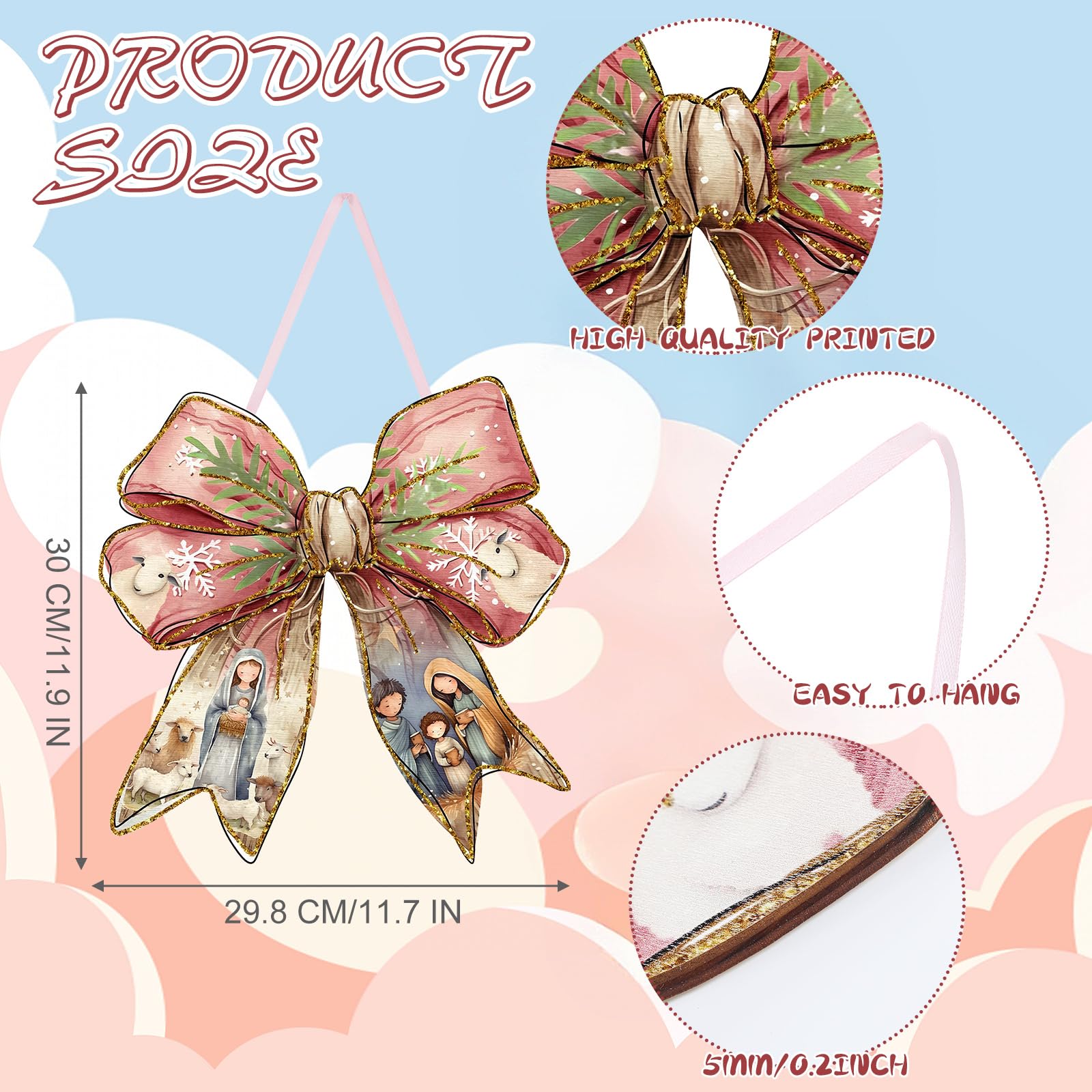 RattanView Jesus Christmas Bow Wooden Hanging Sign Coquette Bow Wall Hanging Nativity Scene Wall Art Bowknot Welcome Door Sign D