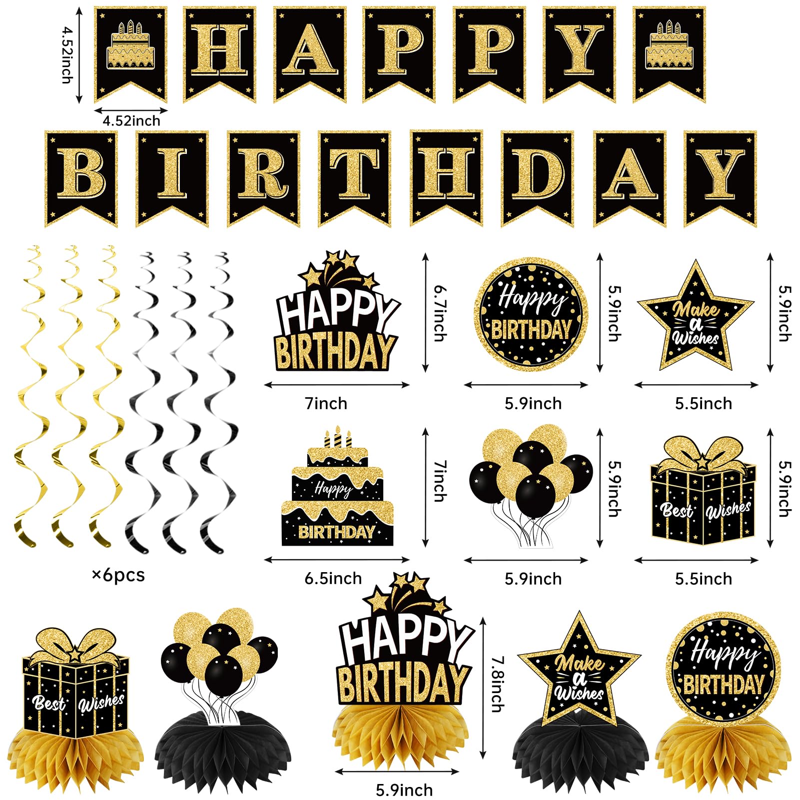 Zirtorei 20Pcs Black And Gold Birthday Party Decorations Kit For Men Women, Happy Birthday Banner Backdrop Honeycomb Centerpiece