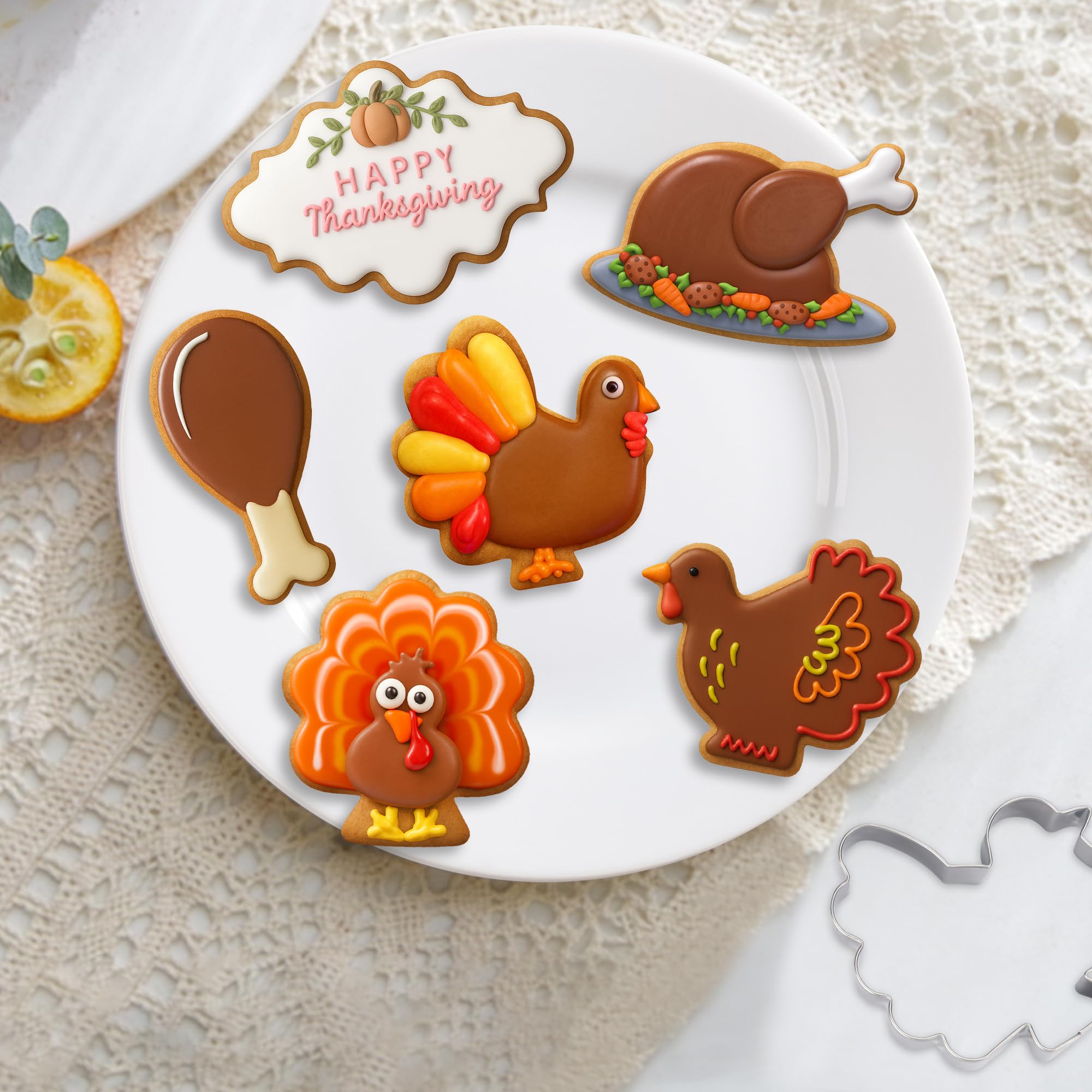 6PCS Thanksgiving Turkey Cookie Cutters Set, Holiday Cookie Cutter Thanksgiving Turkey Shapes for Baking-Turkey, Chicken Leg, Fa