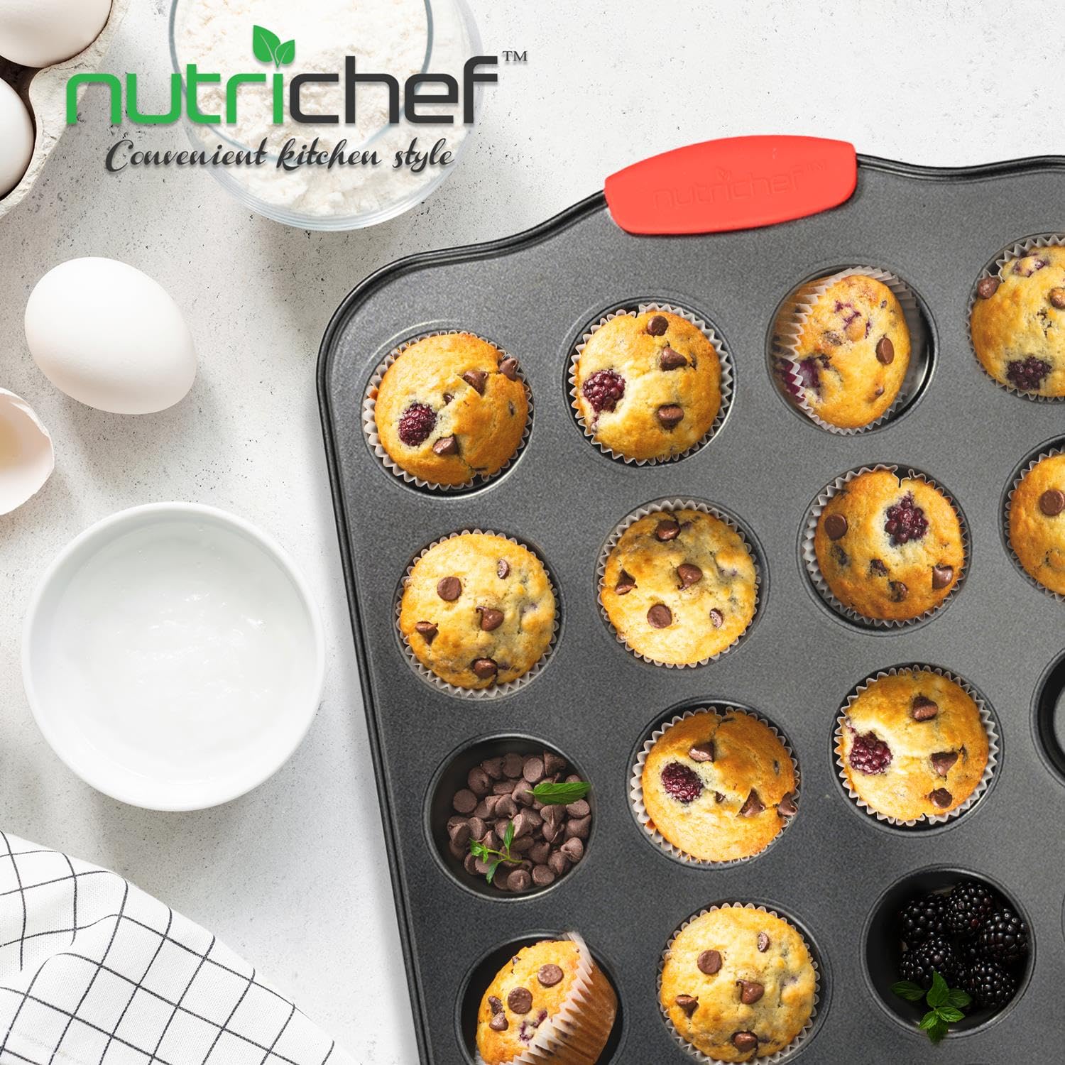 Nutrichef 24-Cup Nonstick Mini Muffin Pan With Red Silicone Handles - Carbon Steel Bakeware Tray For Savory & Sweet Treats - Dis