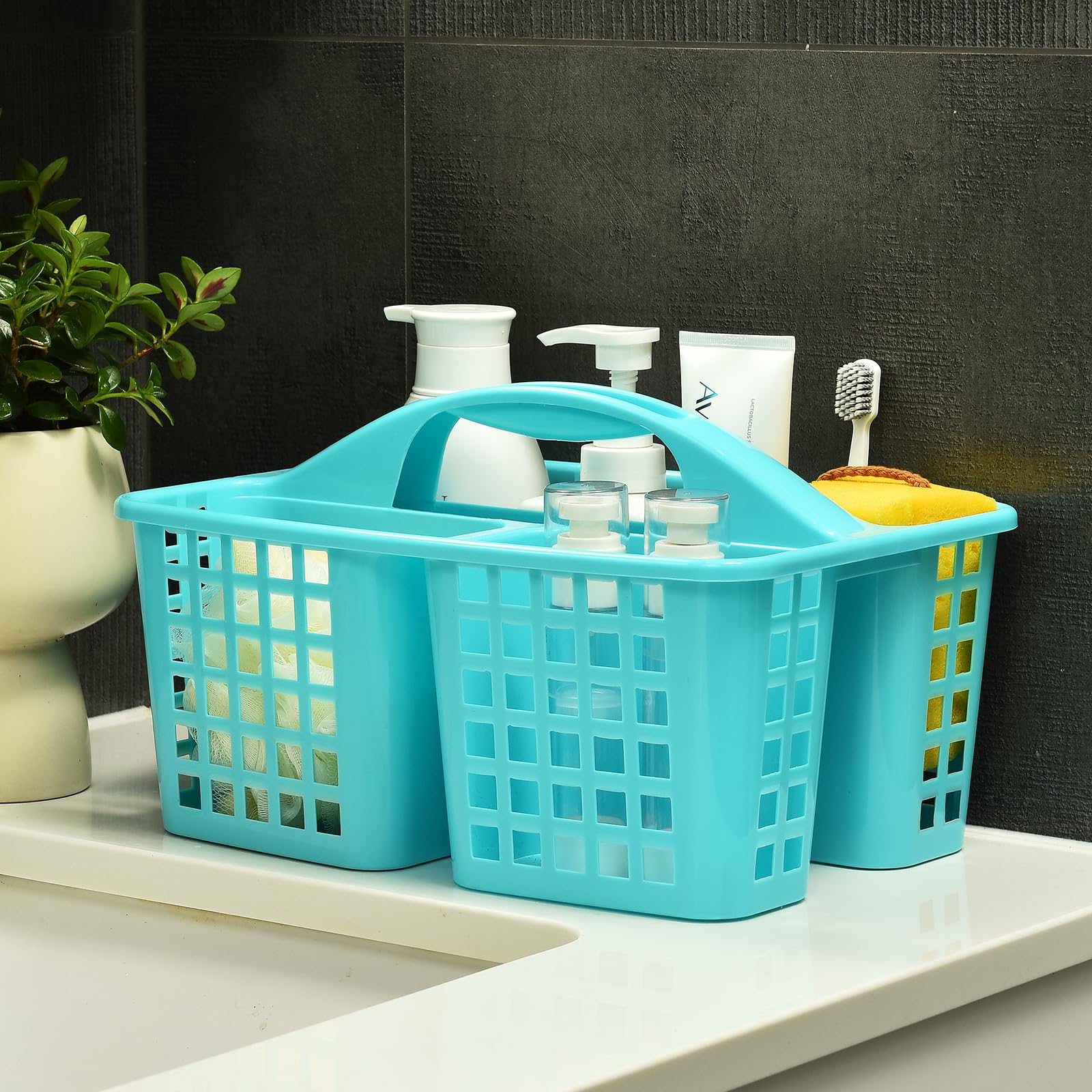 ALINK Plastic Shower Caddy Basket with Compartments  Portable Divided Cleaning Supply Storage Organizer with Handle for College Dorm Bathroom -Blue