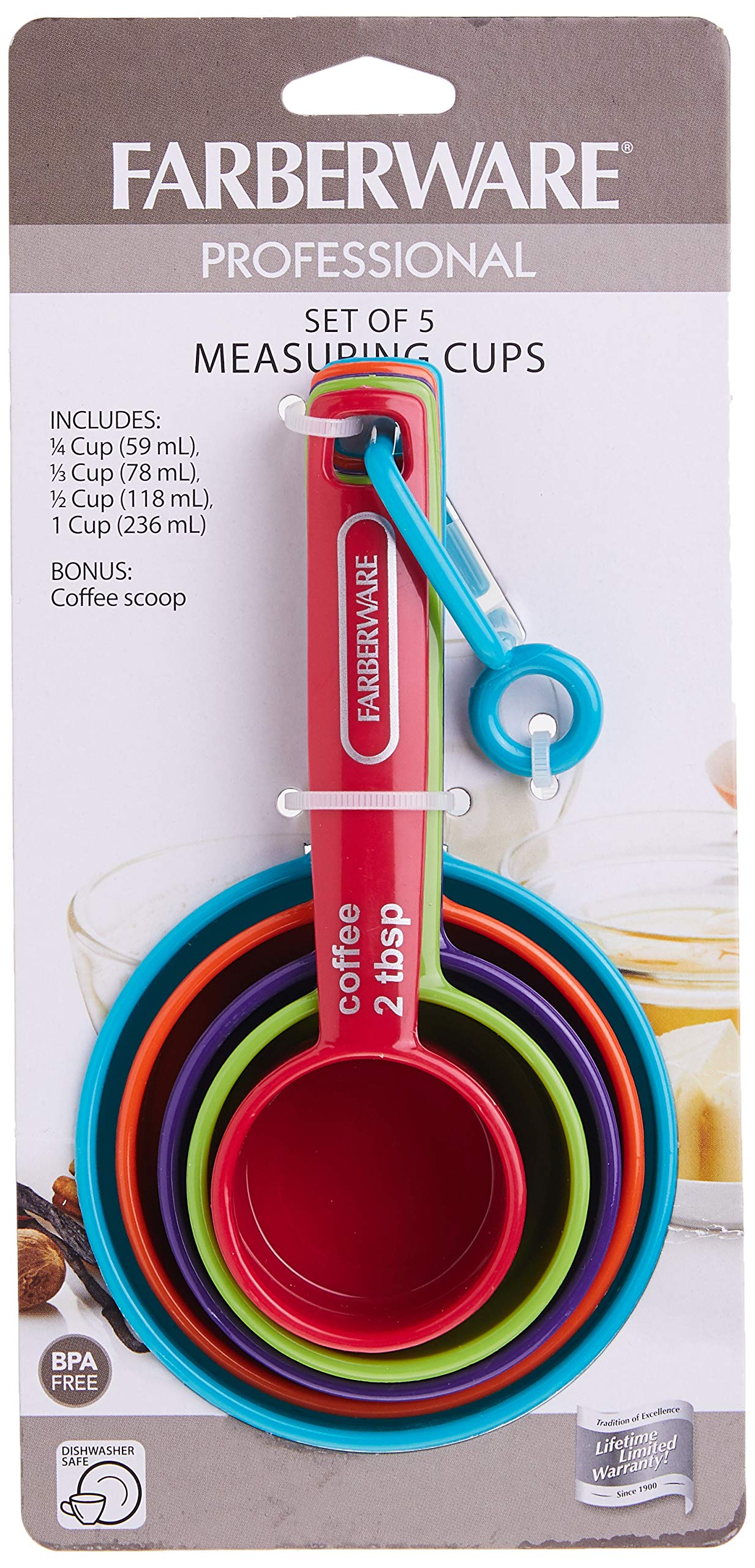 Farberware Professional Plastic Measuring Cups With Coffee Spoon, Set Of 5, Colors May Vary