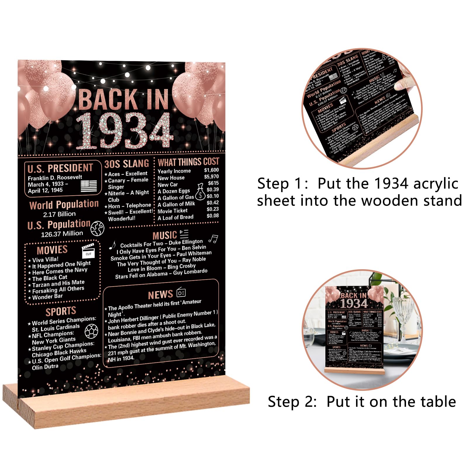 Trgowaul 90Th Birthday Anniversary Decorations For Women, Rose Gold Back In 1934 Birthday Poster Acrylic Table Sign With Stand,