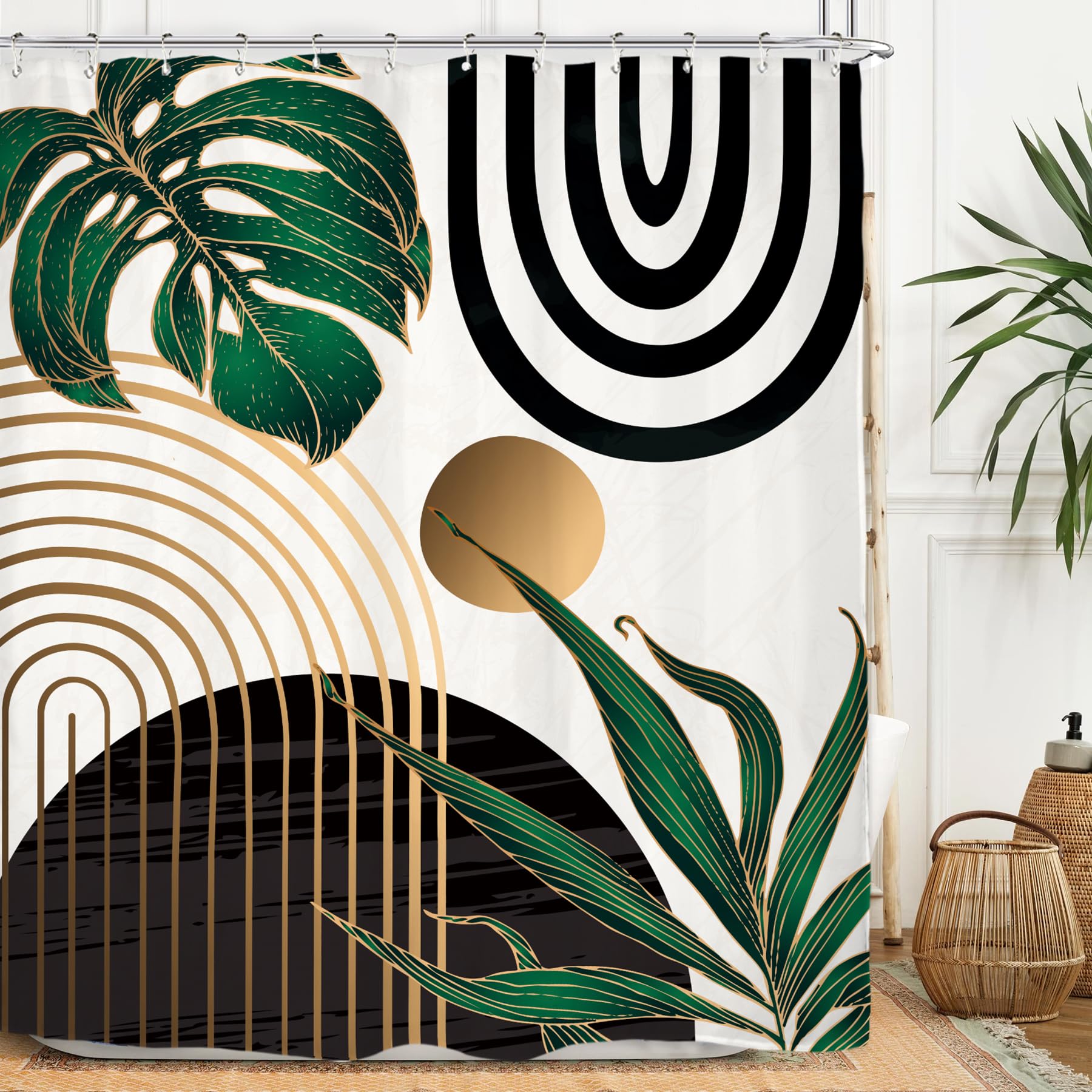 Miyotaa Abstract Emerald Green Shower Curtain Set 60Wx71H Inches Mid Century Minimalist Modern Tropical Leaves Geometric Contemp