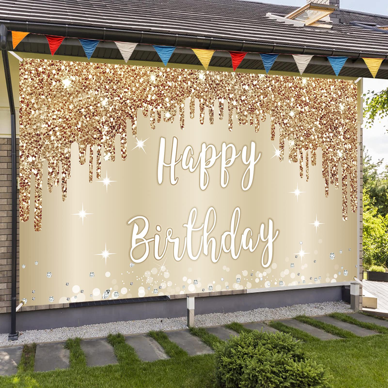Gold White Happy Birthday Banner Decorations For Women Girls, Gold Glitter Happy Birthday Backdrop Party Supplies, 16Th 18Th 21S