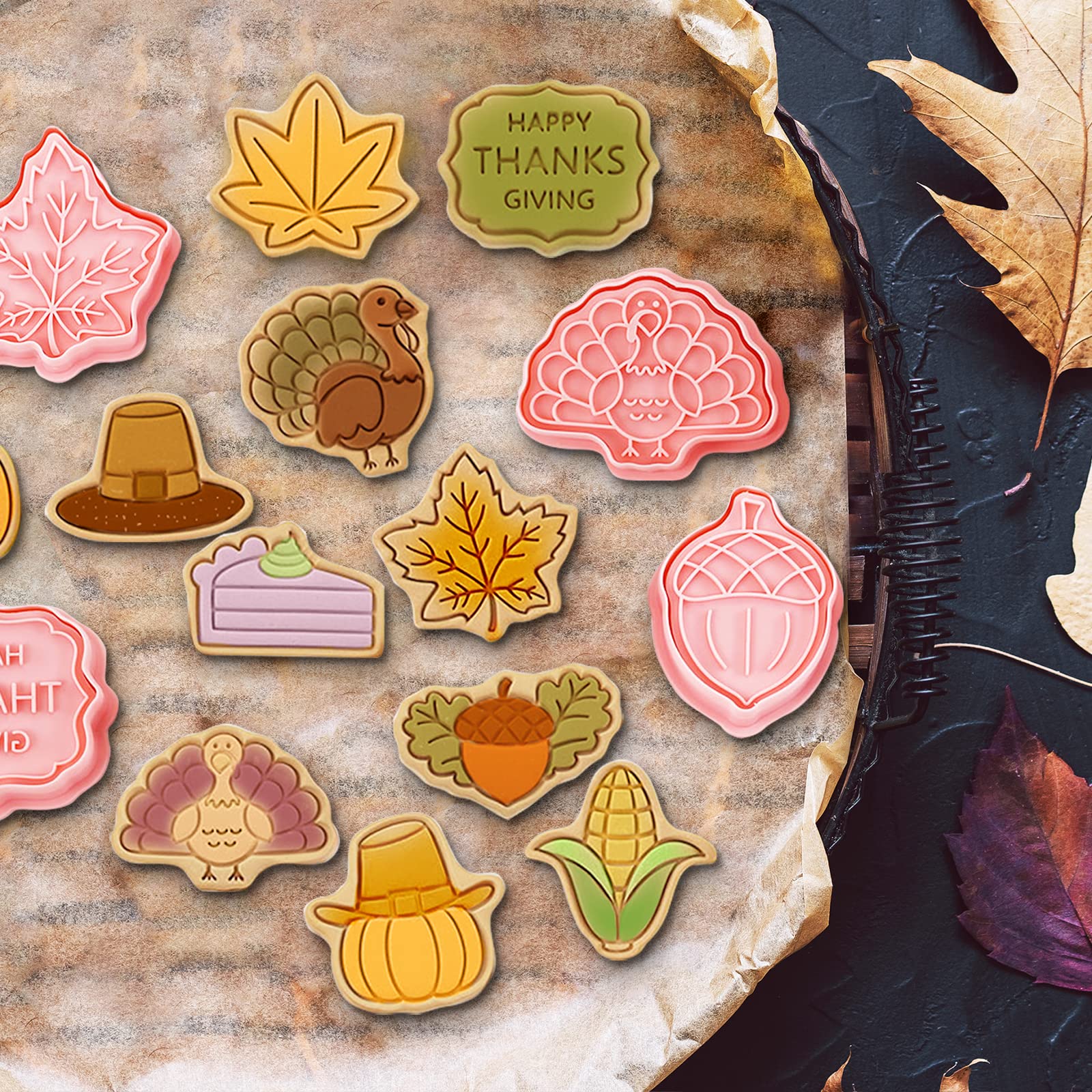16 Pieces Fall Thanksgiving Cookie Cutters with Plunger Stamps Set Fall Biscuit Mold Maple Leaf Turkey Pumpkin 3D Cookie Stamper