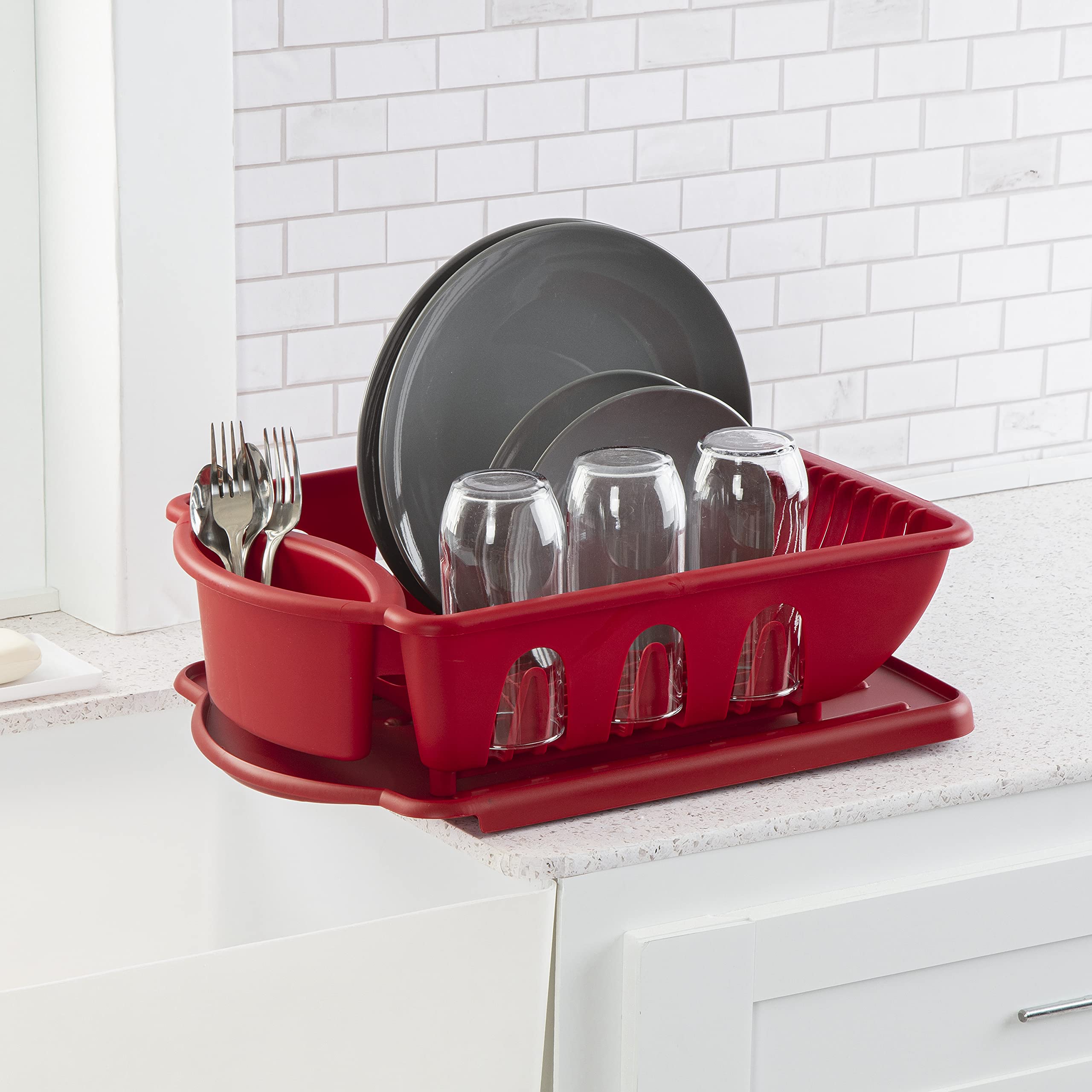 Sterilite 2 Piece Sink Set, With Drainboard For Drying, Holds Clean Dishes In The Kitchen Such As Plates, Cups, Bowls, And Silve